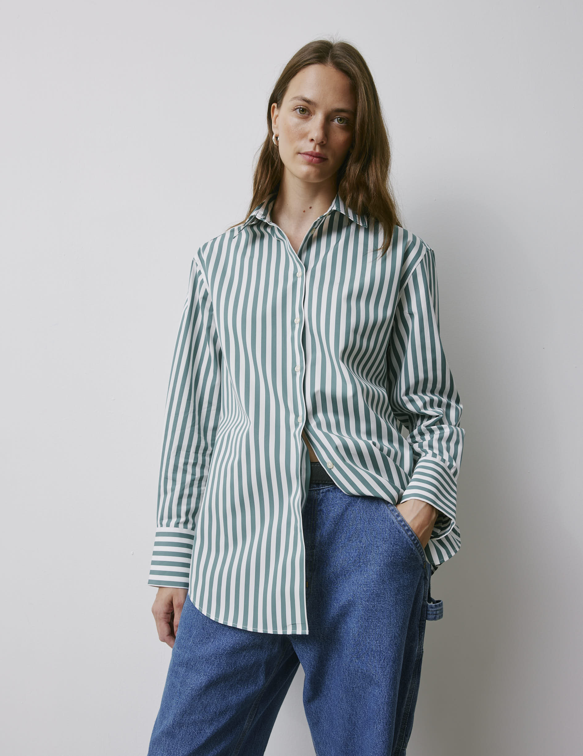 Mathilde sagegreen oversized shirt - Poplin - Shirt Collar