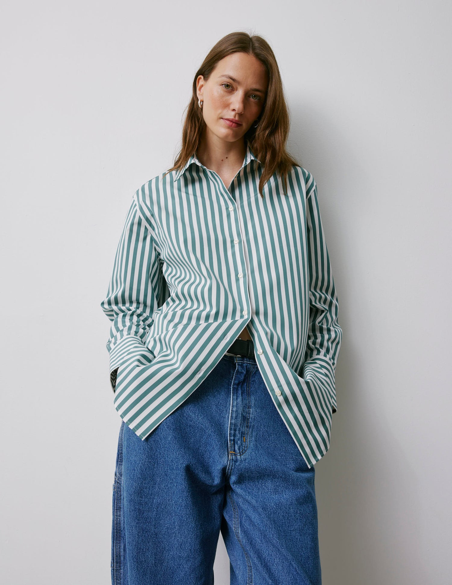 Mathilde sagegreen oversized shirt - Poplin - Shirt Collar