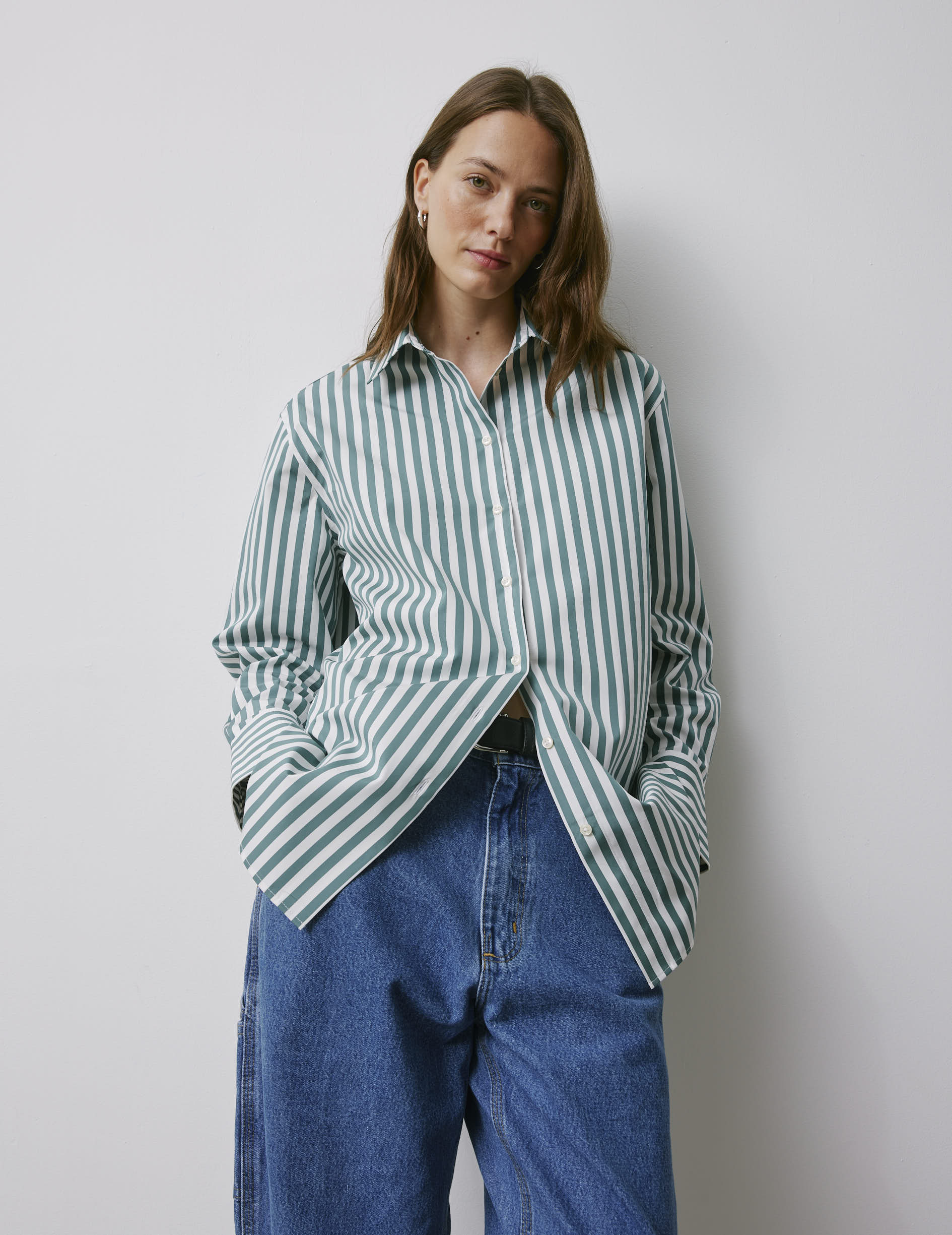 Mathilde sagegreen oversized shirt - Poplin - Shirt Collar