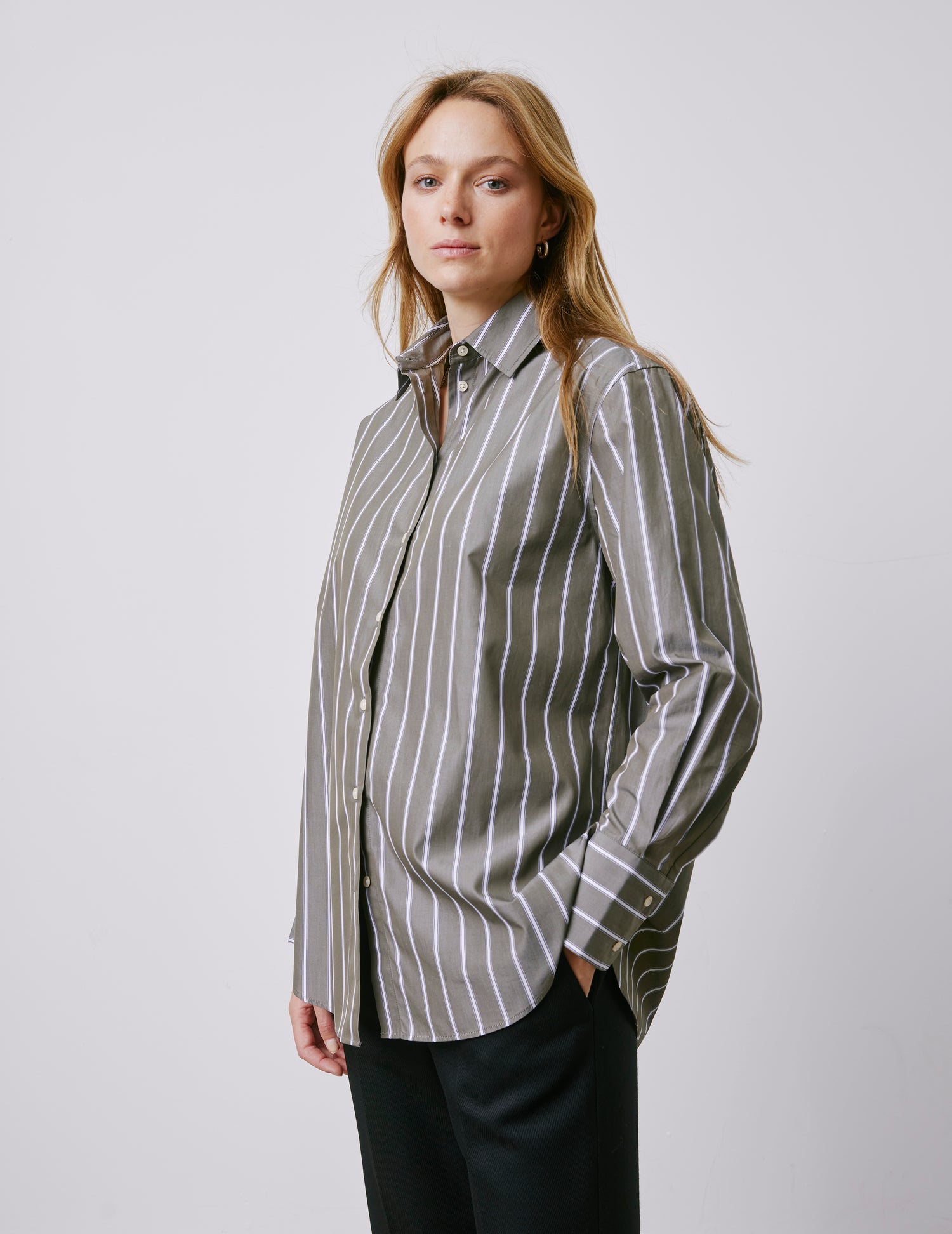 Mathilde khaki striped oversized shirt - Poplin - Shirt Collar#2