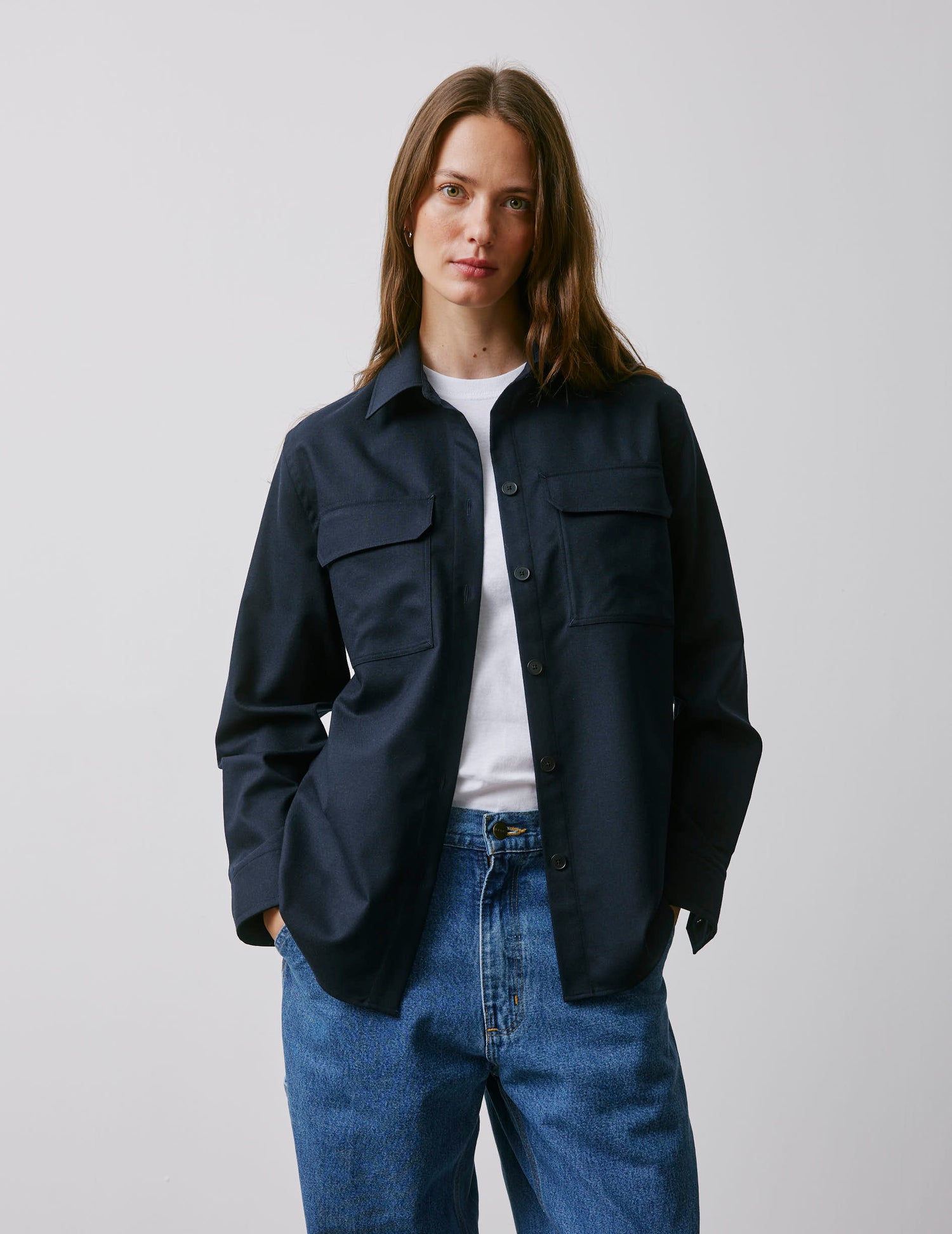 Madie navy wool canvas shirt jacket - Cloth - Shirt Collar