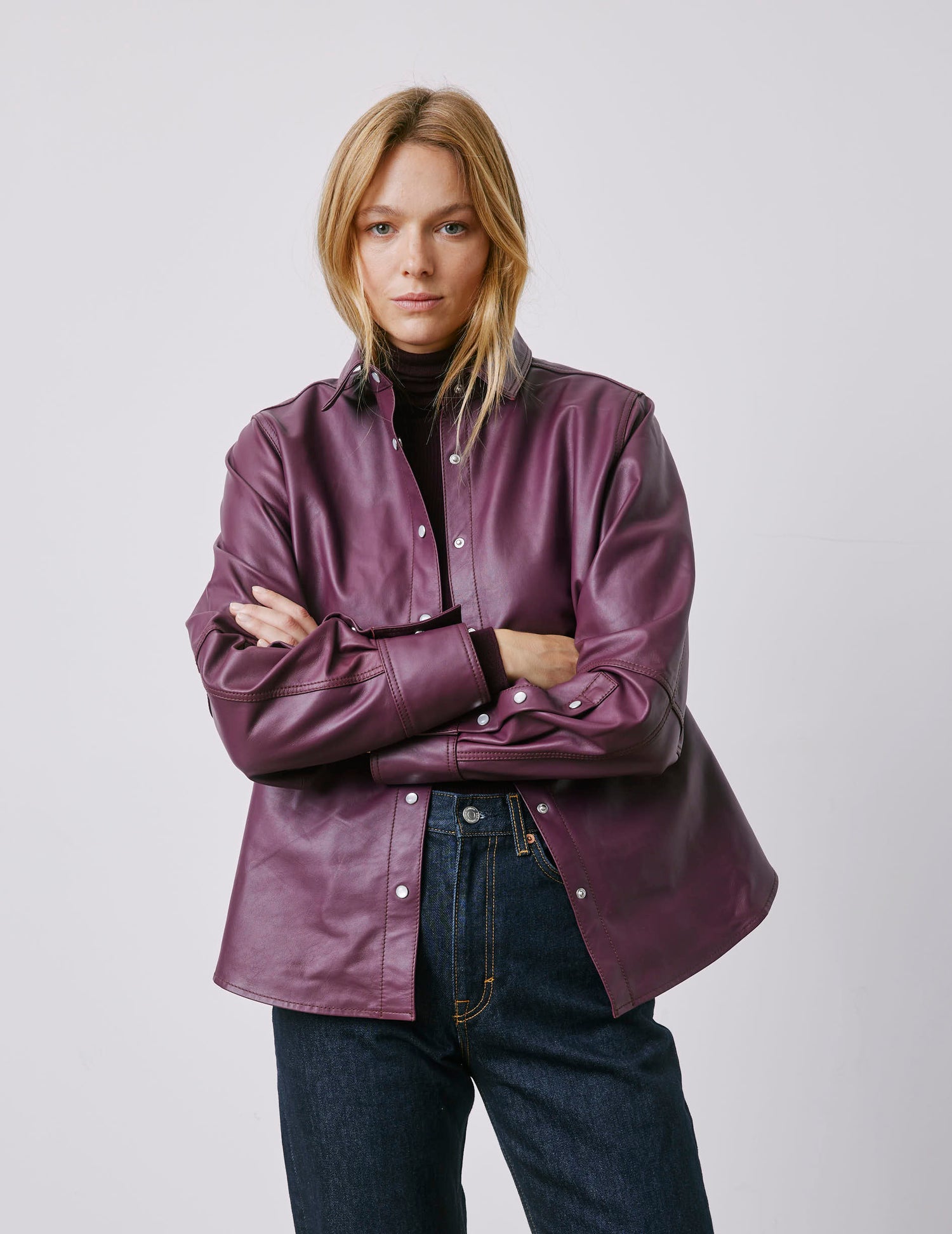Marylou burgundy leather shirt jacket