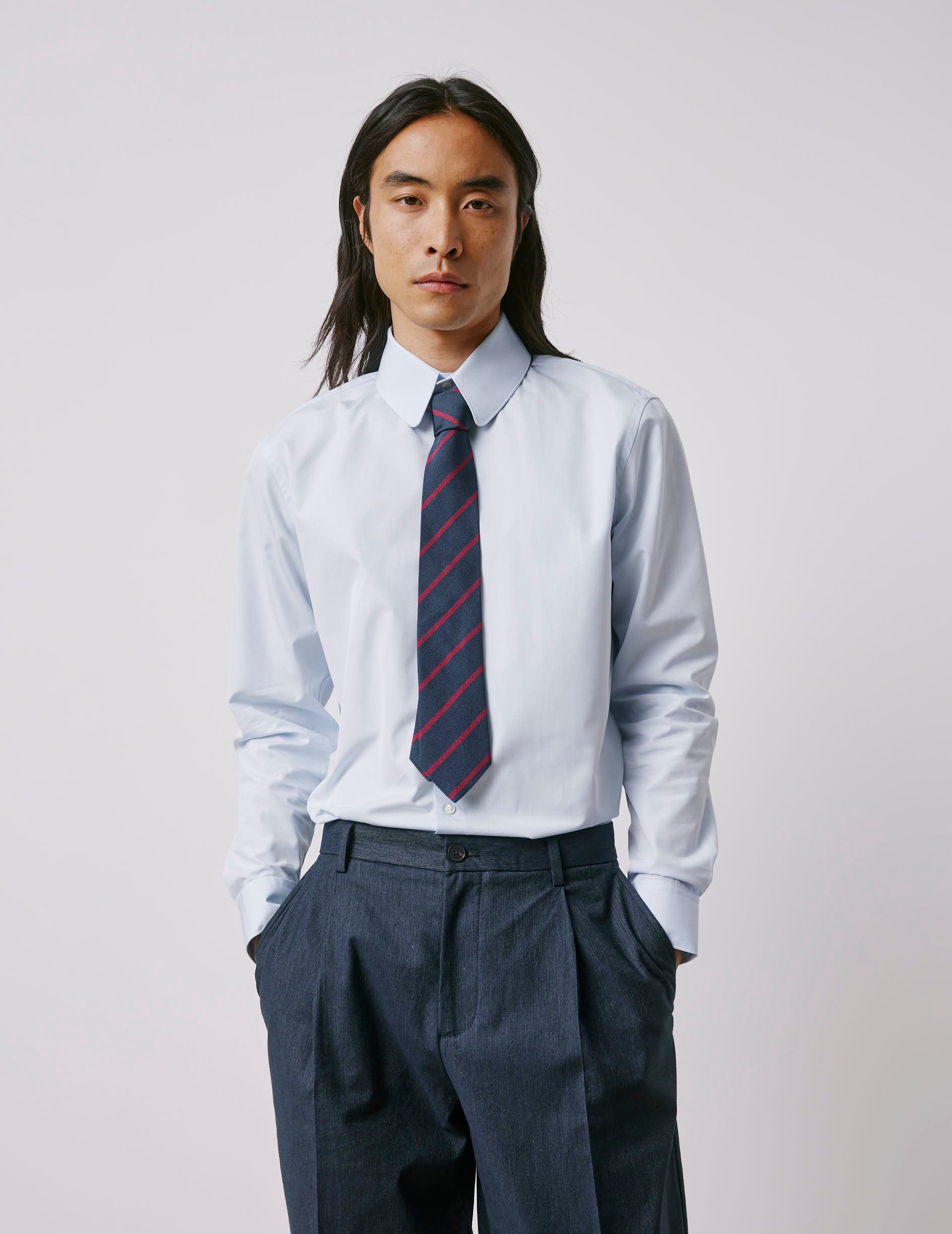 Semi-fitted blue shirt - Poplin - Round Collar