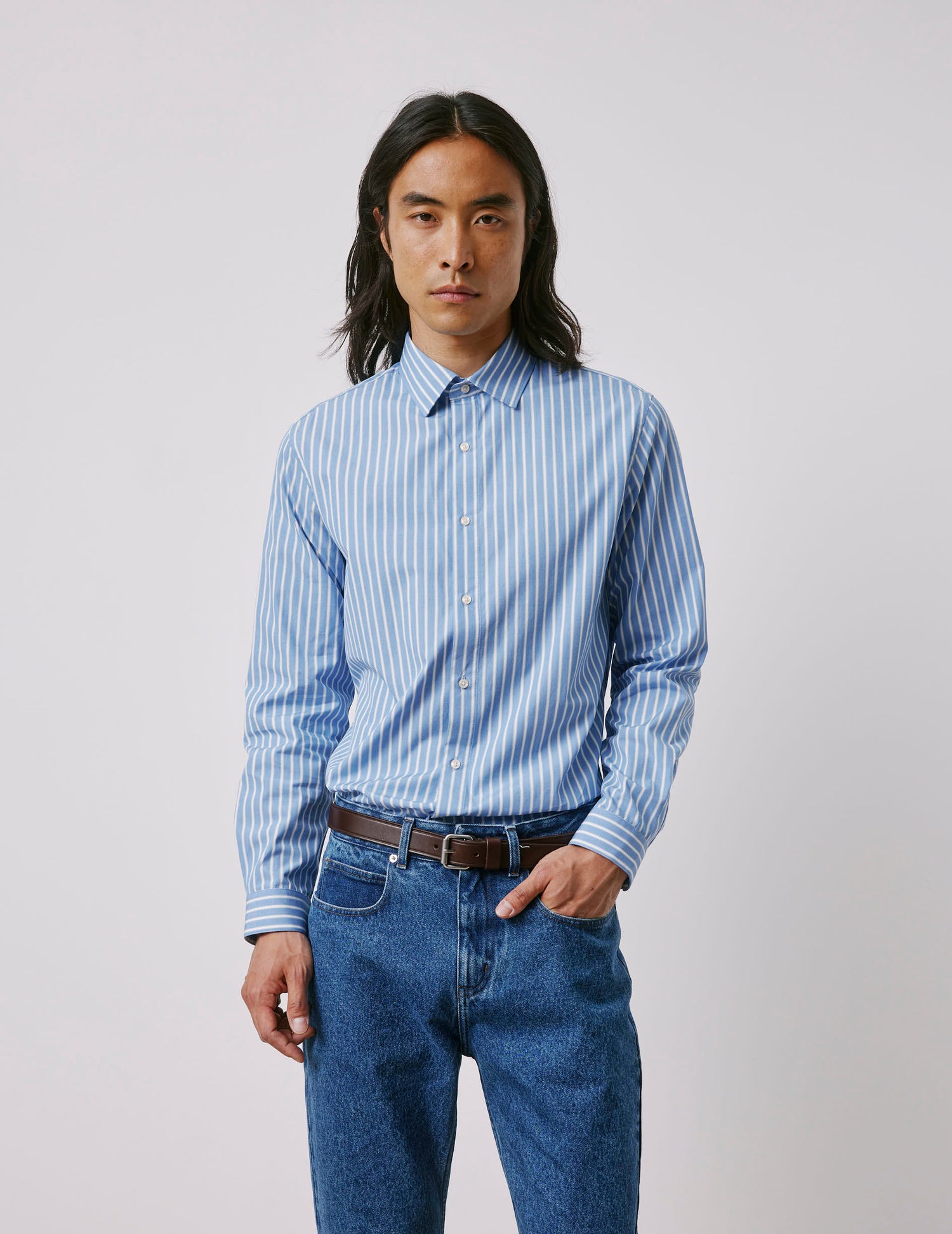 Auguste fitted blue striped shirt - Fil-a-fil - French Collar