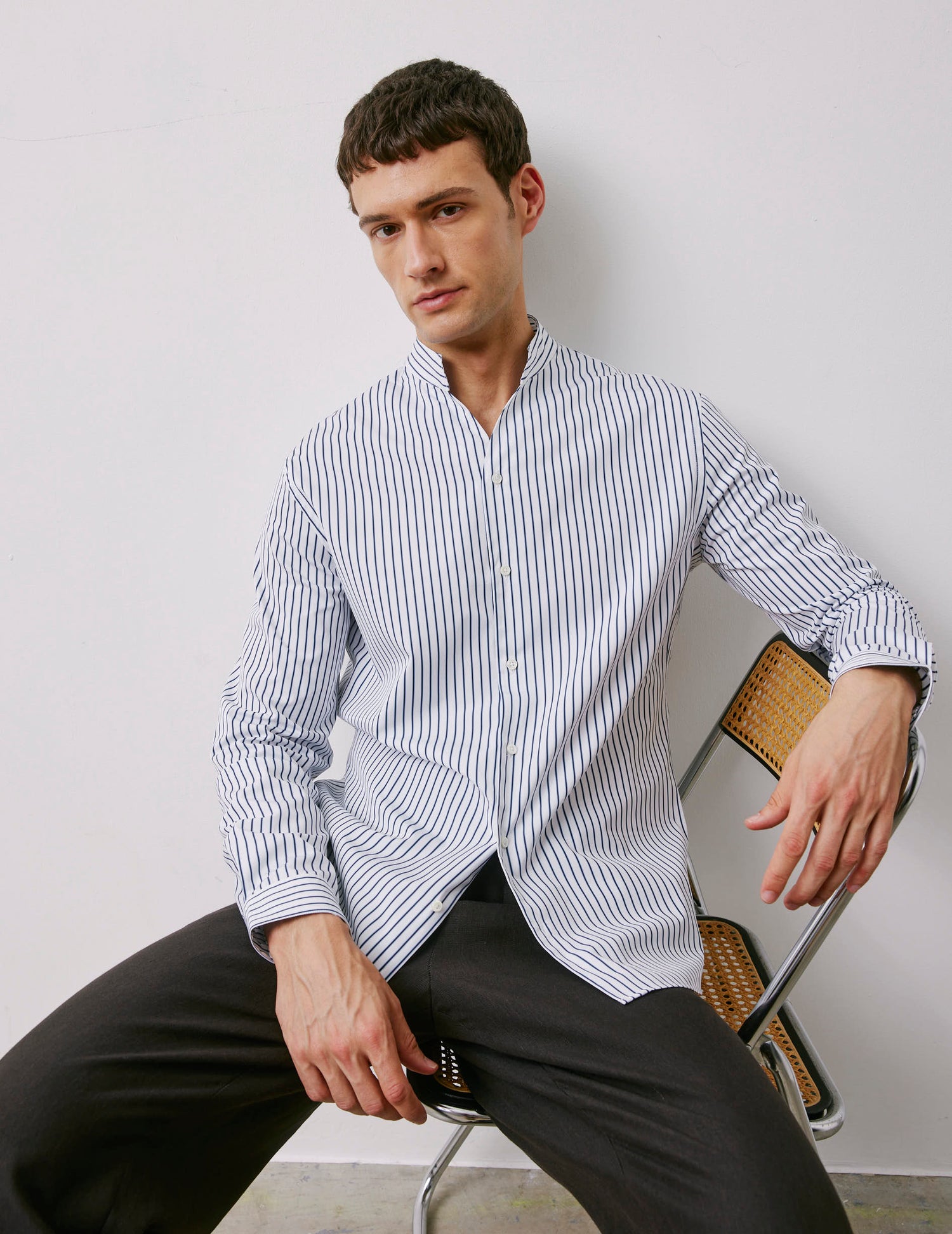 Carl navy striped shirt - Poplin - Droit ouvert Collar