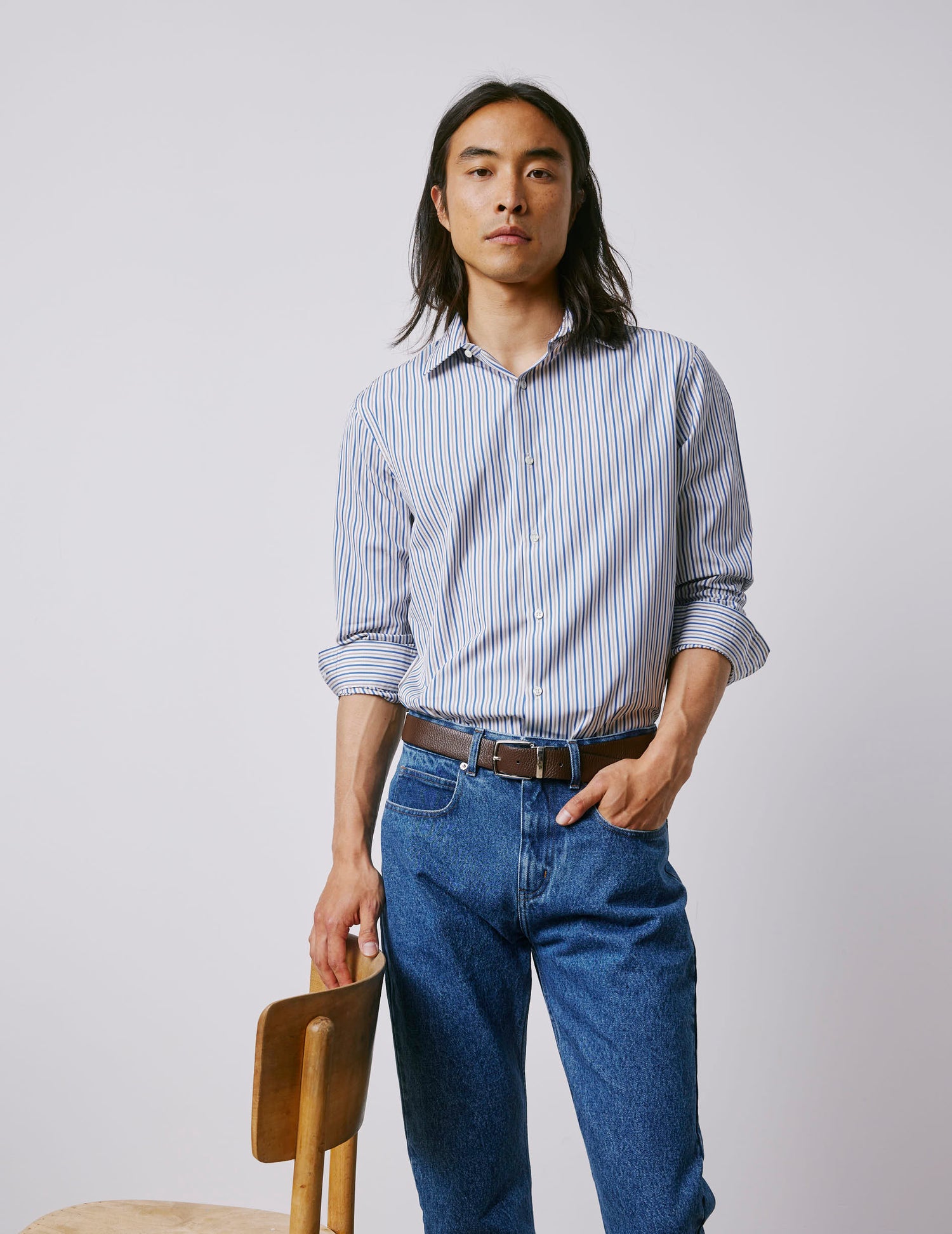 Blue striped semi-fitted shirt - Poplin - Figaret Collar#3