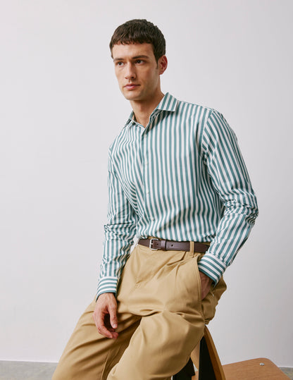 Semi-fitted sage green striped shirt