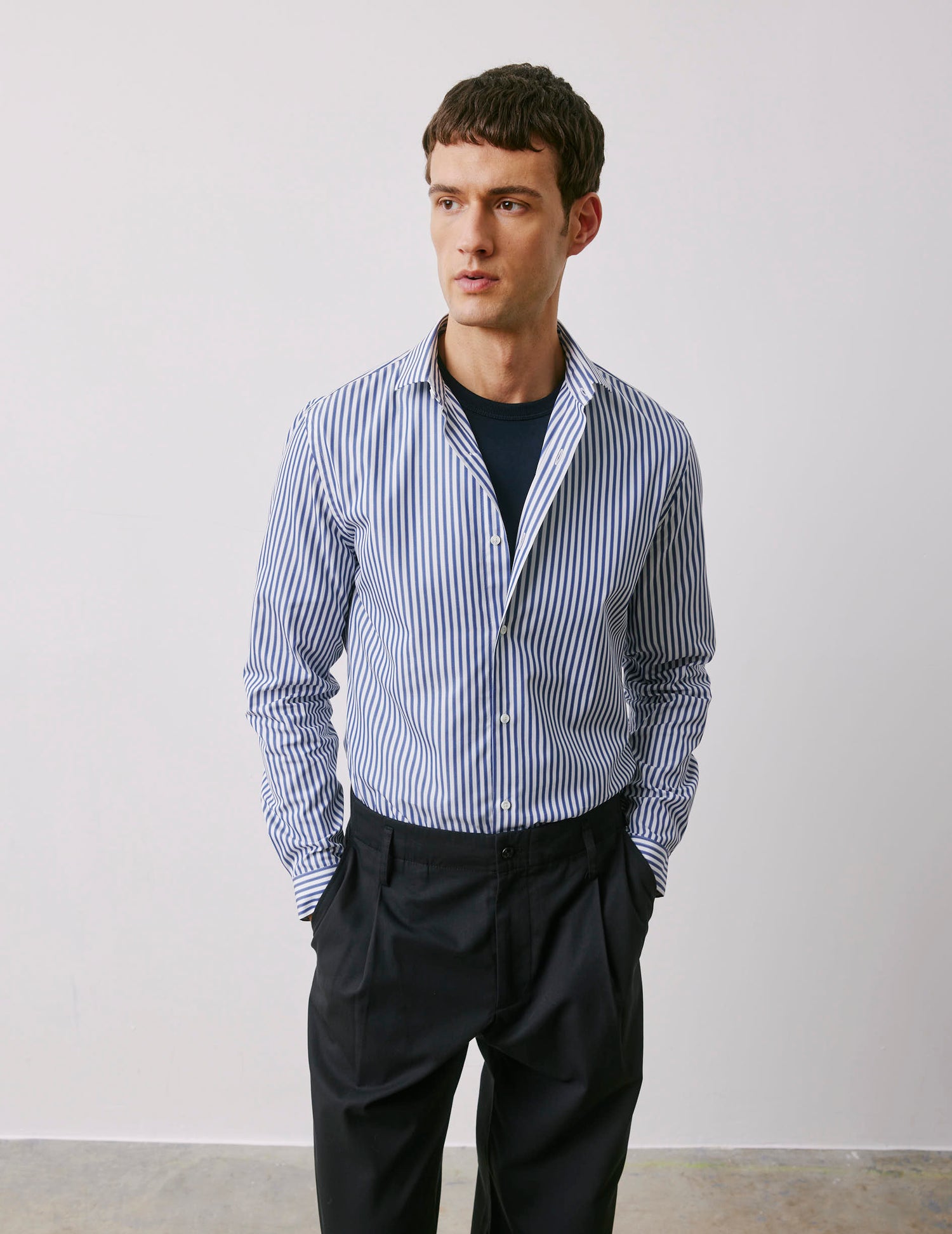 Fitted navy striped Voyage shirt - Poplin - END Collar#3