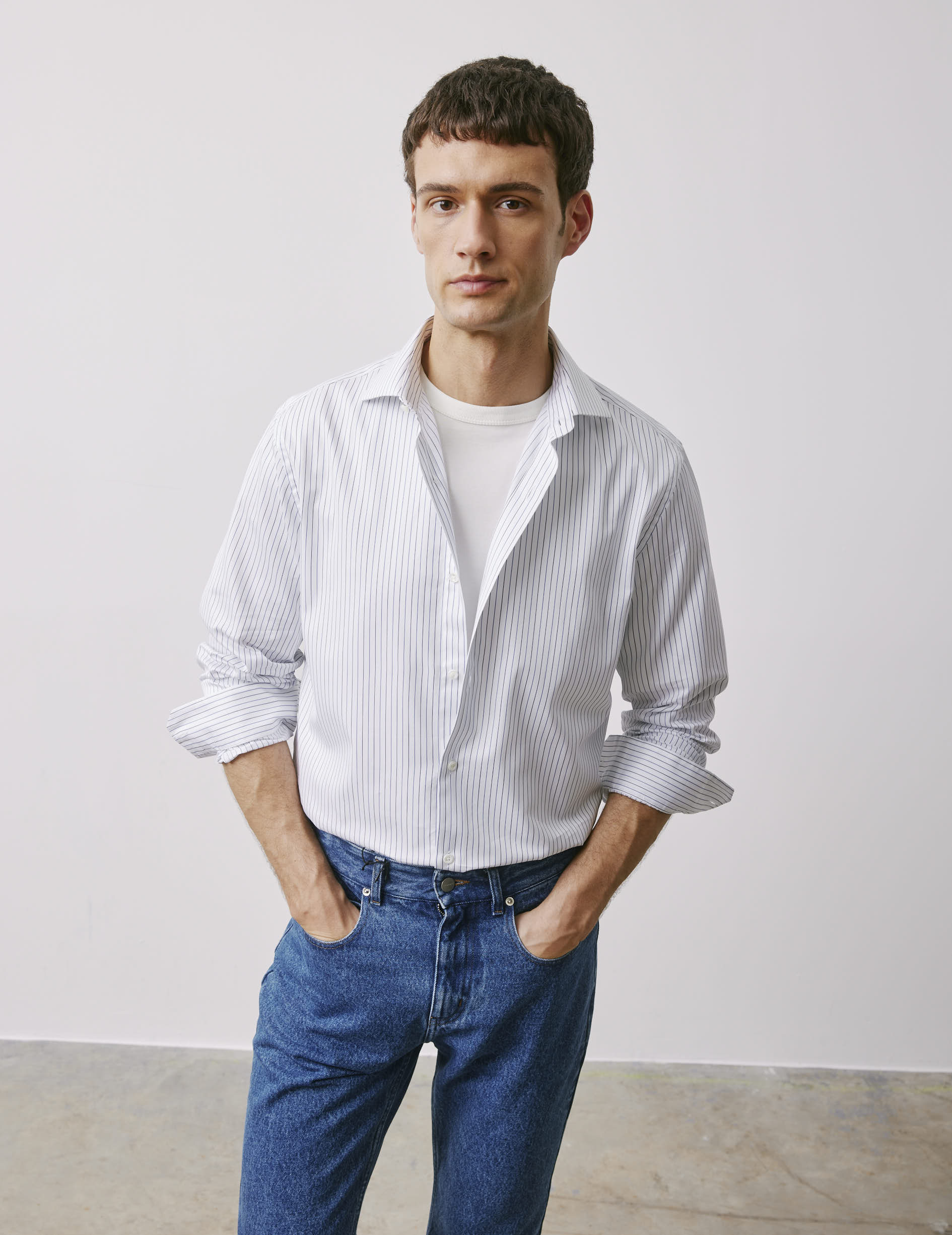 Semi-fitted navy striped shirt - Twill - Italian Collar