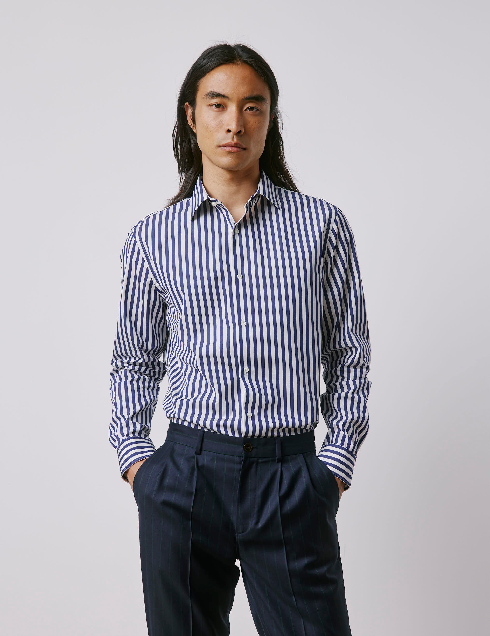 Semi-fitted navy striped shirt - Poplin - Majestic Collar