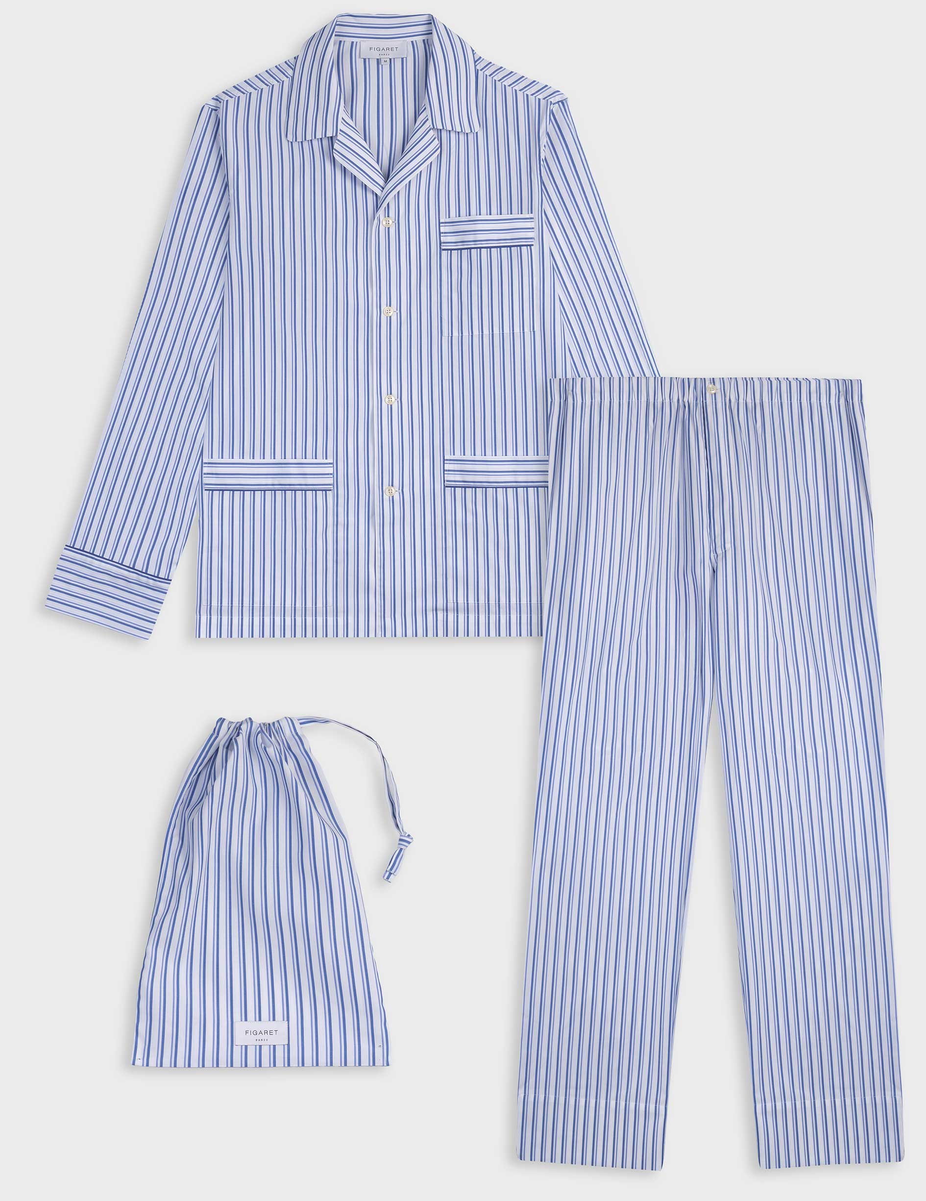 Blue striped poplin pyjama and sleep mask duo