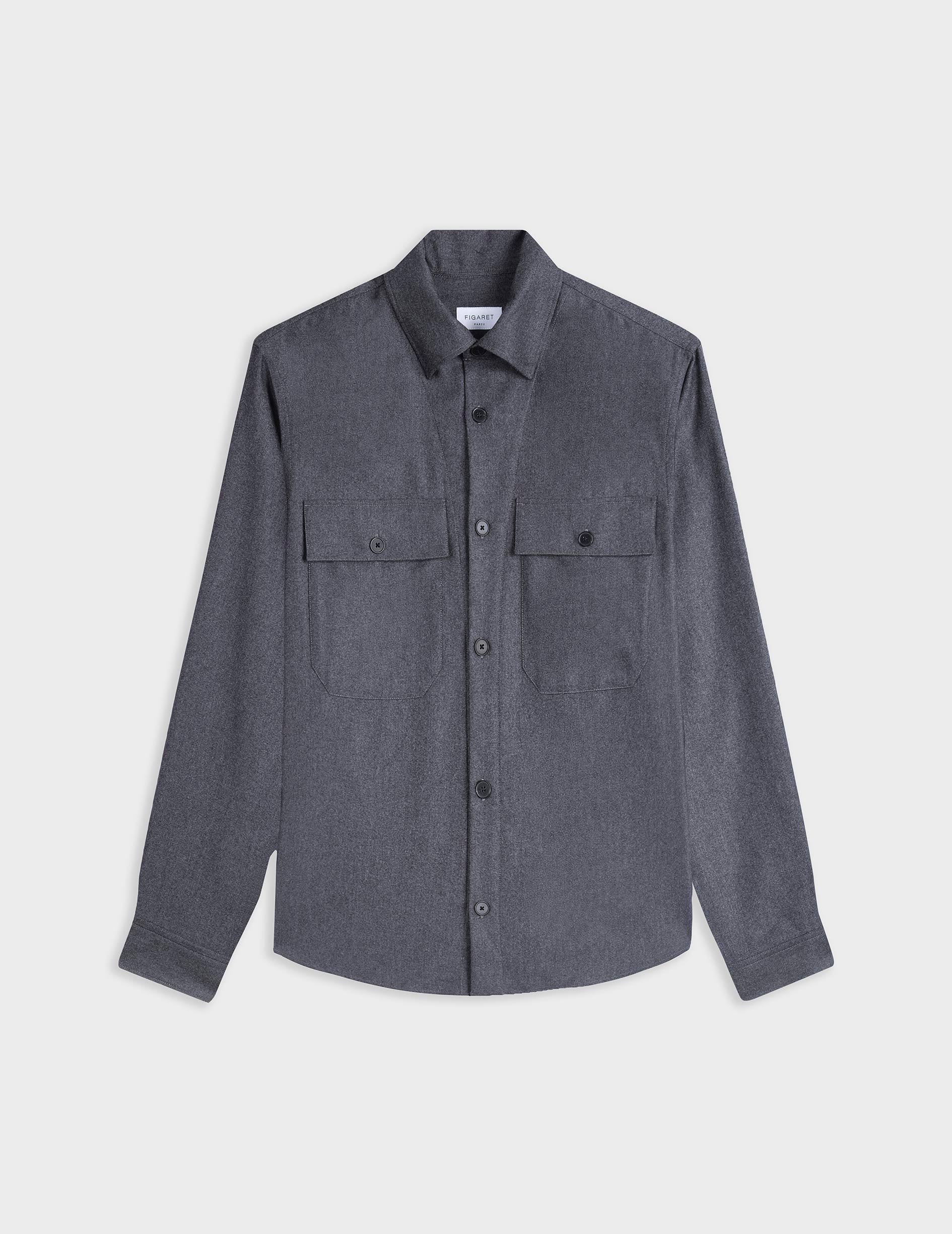 Maxime grey virgin wool shirt jacket - Laine vierge - Shirt without collar stand Collar