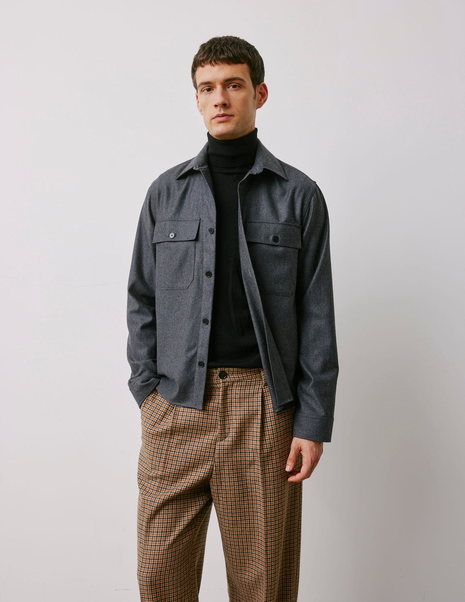 Maxime grey virgin wool shirt jacket - Laine vierge - Shirt without collar stand Collar