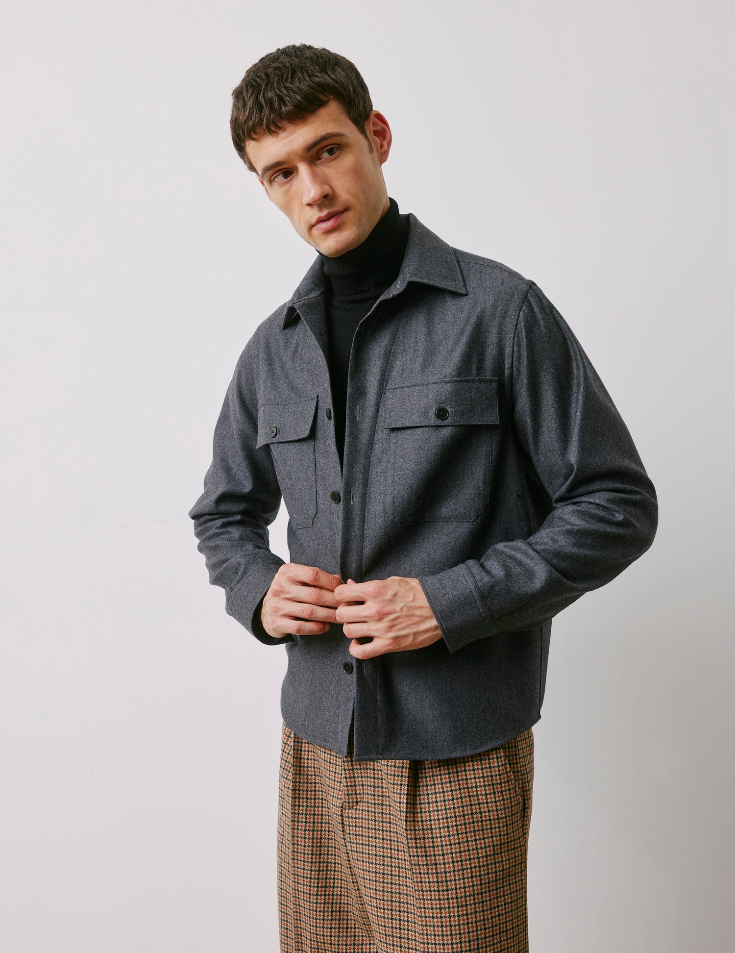 Maxime grey virgin wool shirt jacket - Laine vierge - Shirt without collar stand Collar#3
