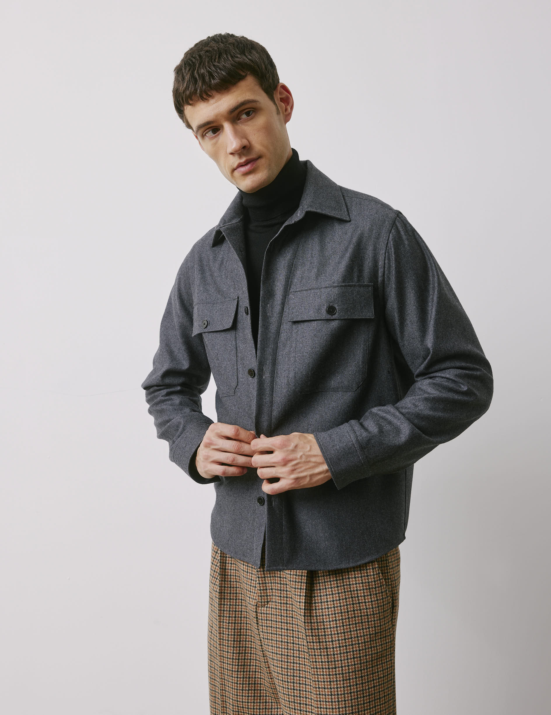 Maxime grey virgin wool shirt jacket - Laine vierge - Shirt without collar stand Collar