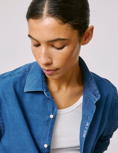 Denim "Je t'aime" unisex shirt with off-white embroidery