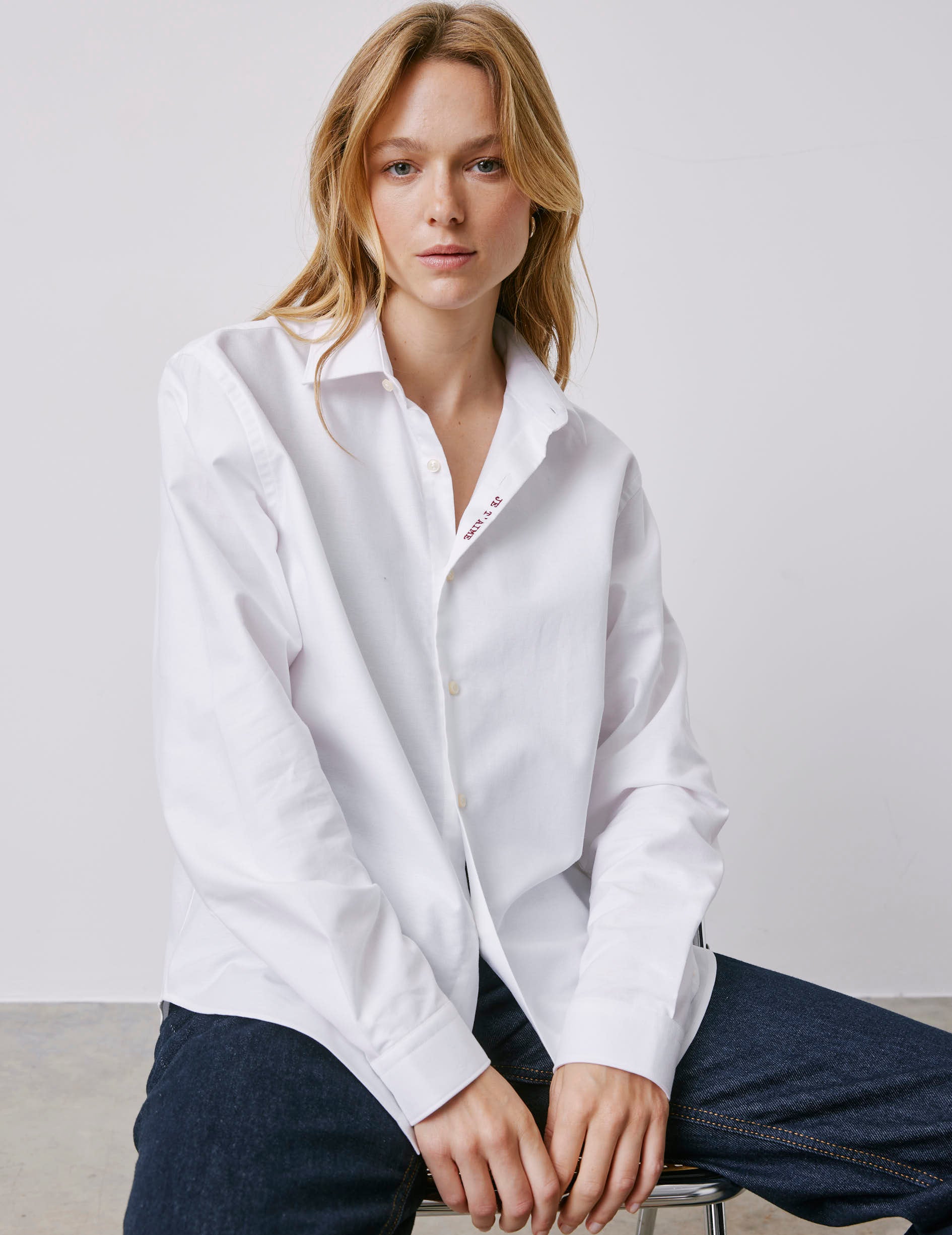 Unisex white Je t'aime shirt - Oxford - Figaret Collar