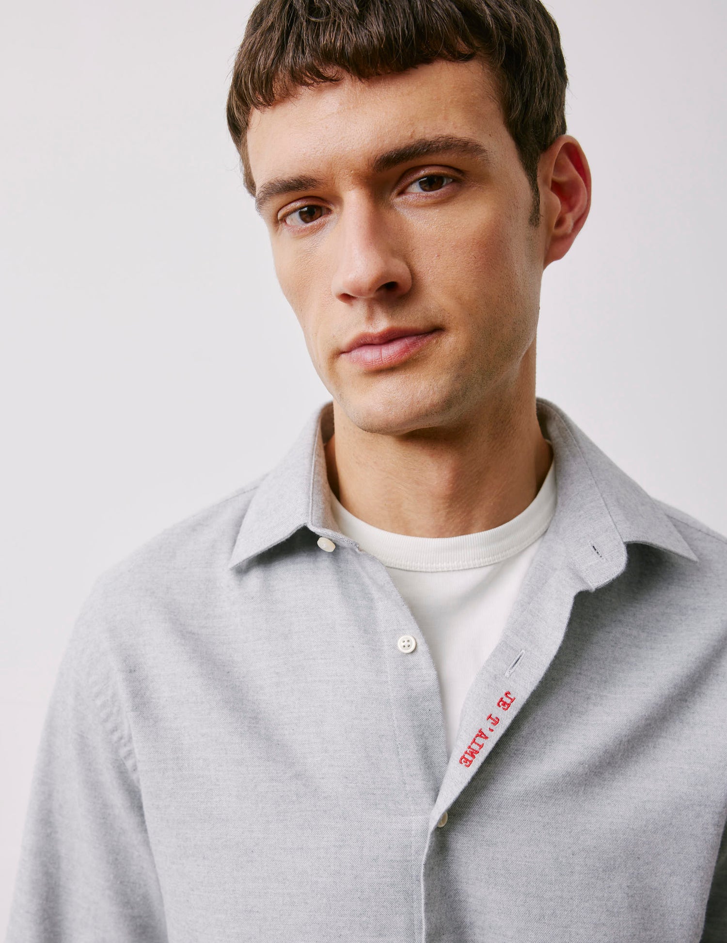 Unisex grey Je t'aime shirt - Flannel - Figaret Collar