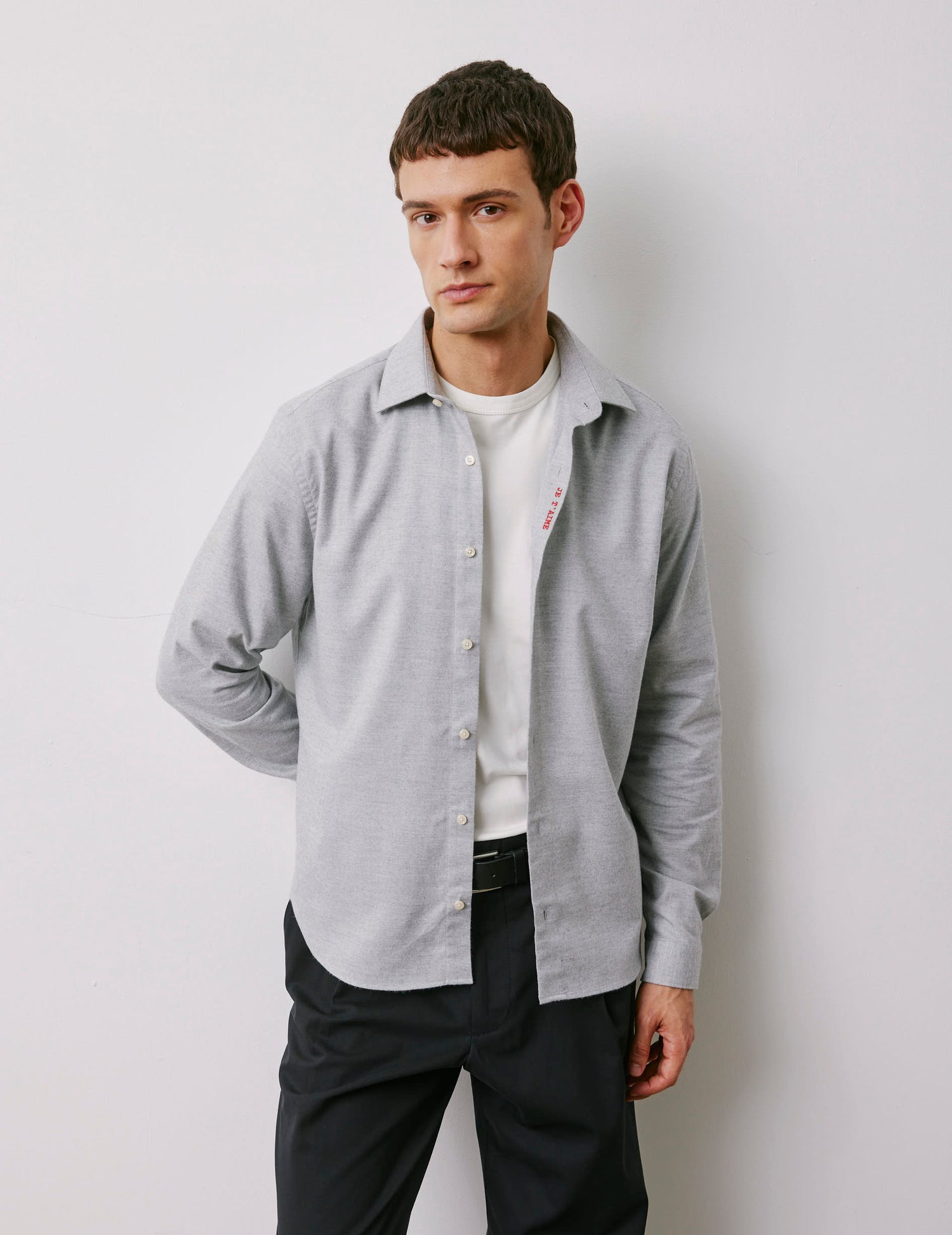 Unisex grey Je t'aime shirt - Flannel - Figaret Collar#3