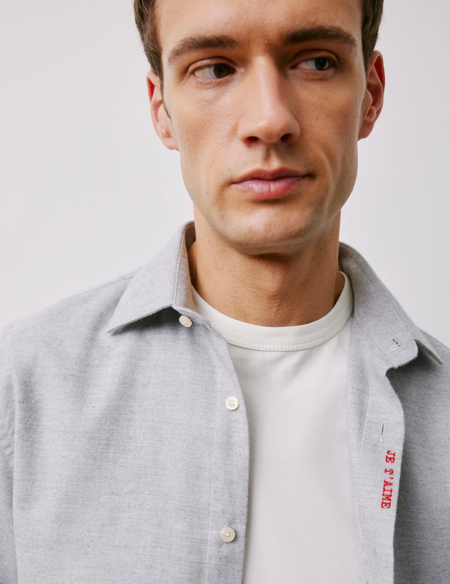 Unisex grey Je t'aime shirt - Flannel - Figaret Collar#5