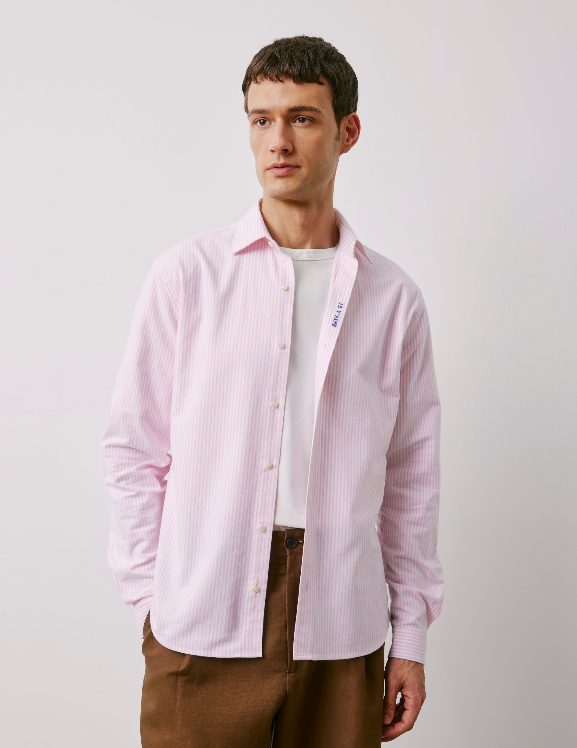 Unisex pink striped "Je t'aime" shirt - Scratch oxford - Figaret Collar
