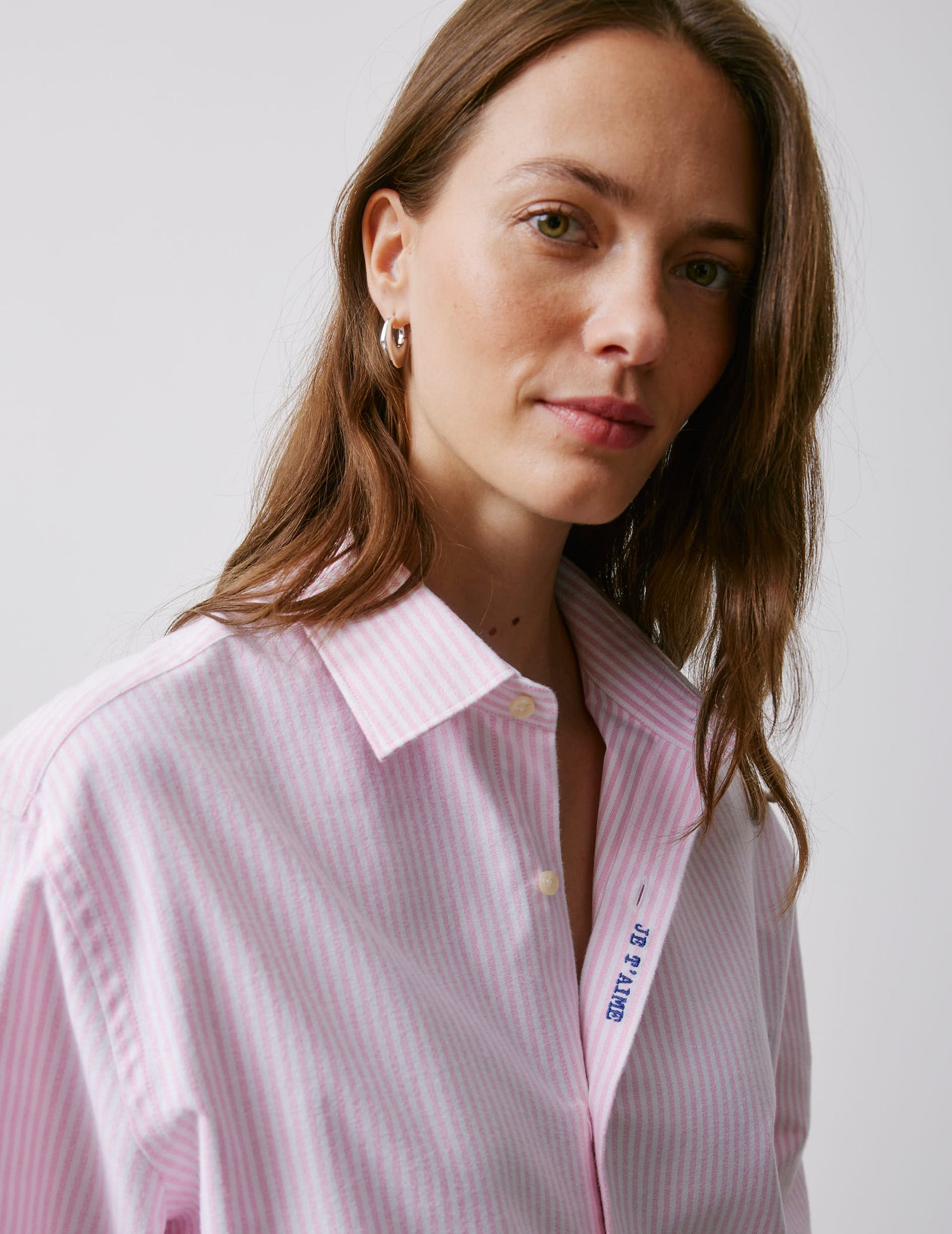 Unisex pink striped "Je t'aime" shirt - Scratch oxford - Figaret Collar#6
