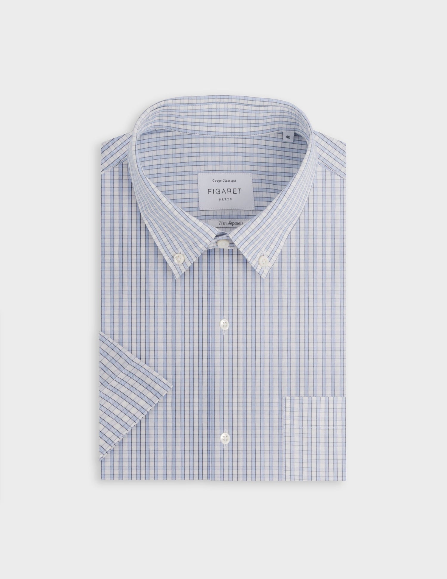 Short-sleeved classic shirt with blue checks - Popeline - Américain Collar