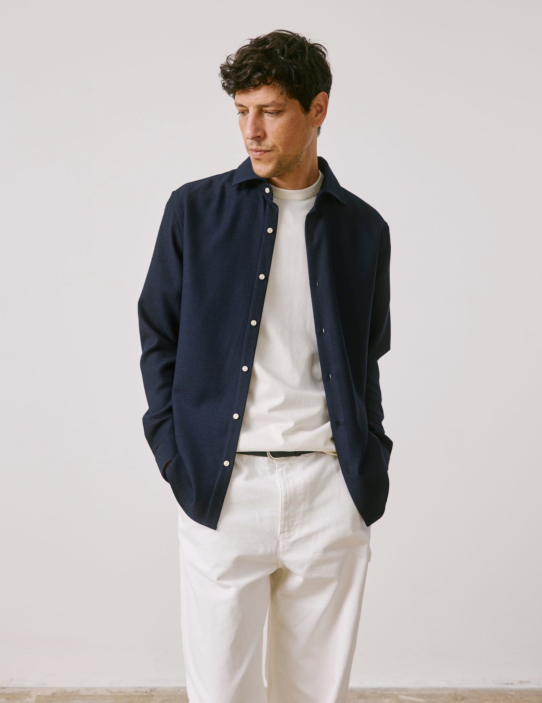 Aristote navy jersey virgin wool shirt - Virgin wool - Italian Collar