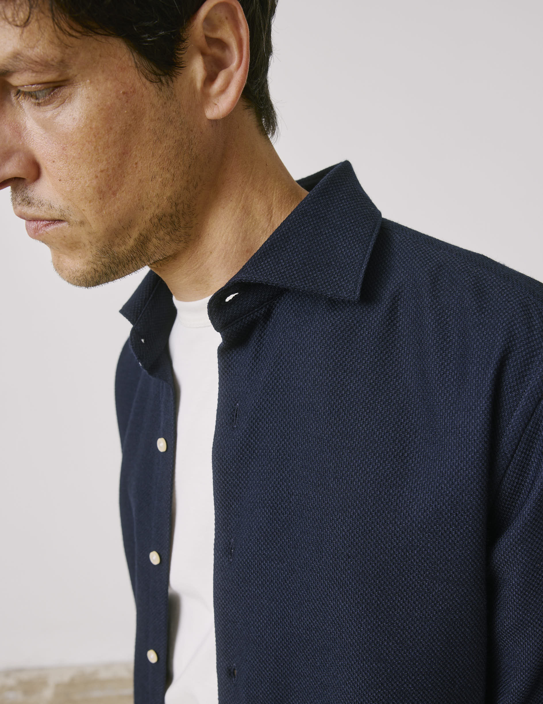 Aristote navy jersey virgin wool shirt - Virgin wool - Italian Collar
