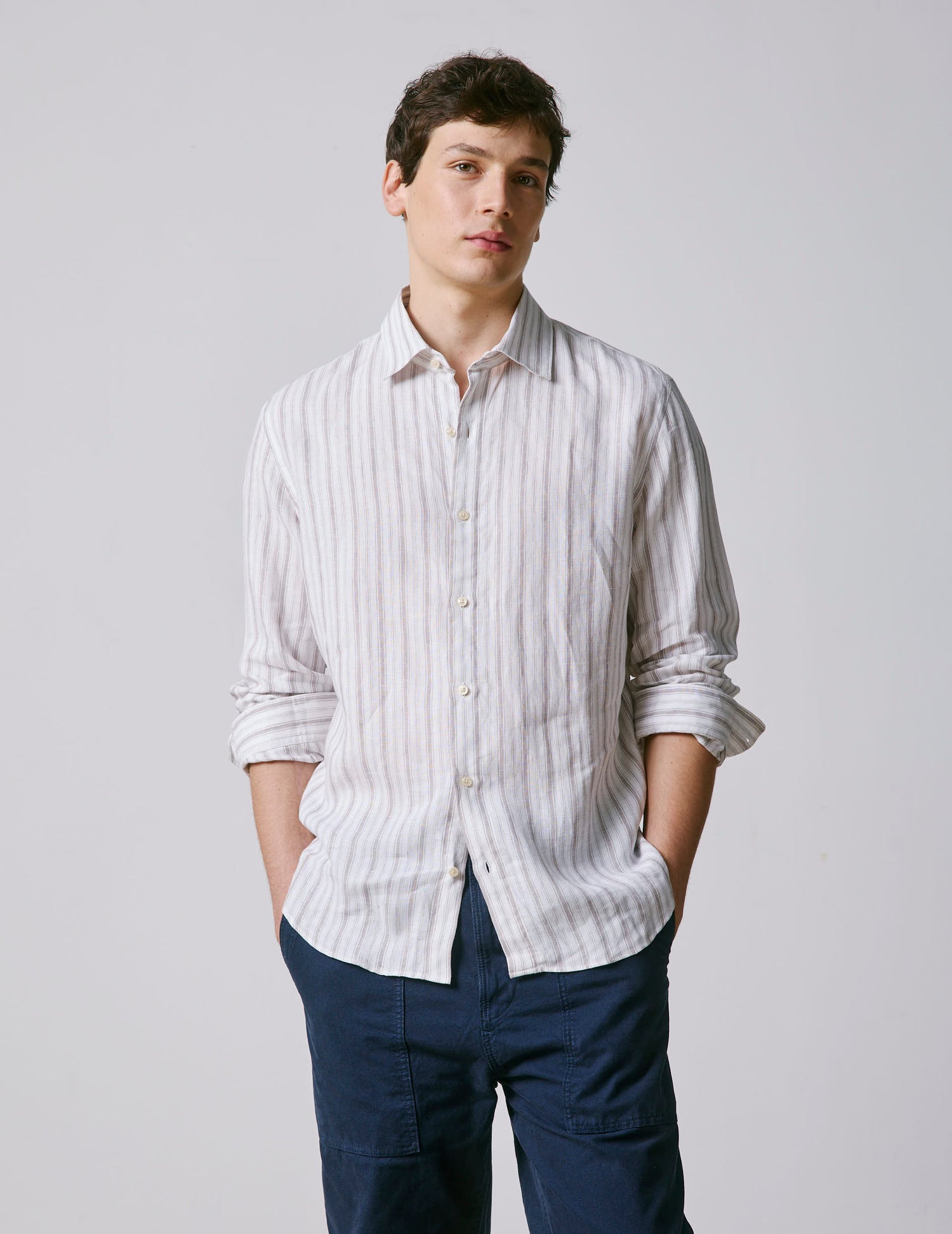 Striped beige linen Auguste shirt - Linen - French Collar#3