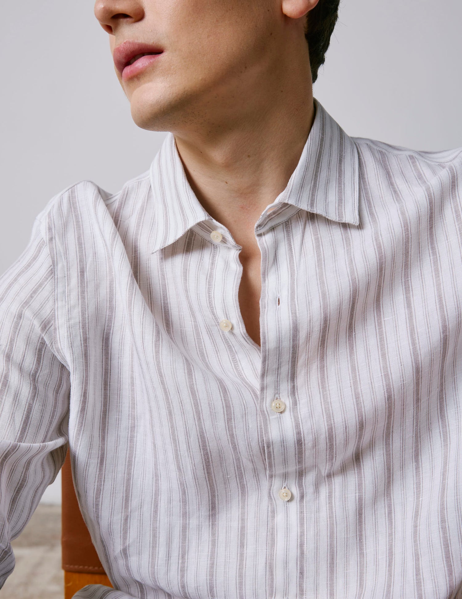 Striped beige linen Auguste shirt - Linen - French Collar#4