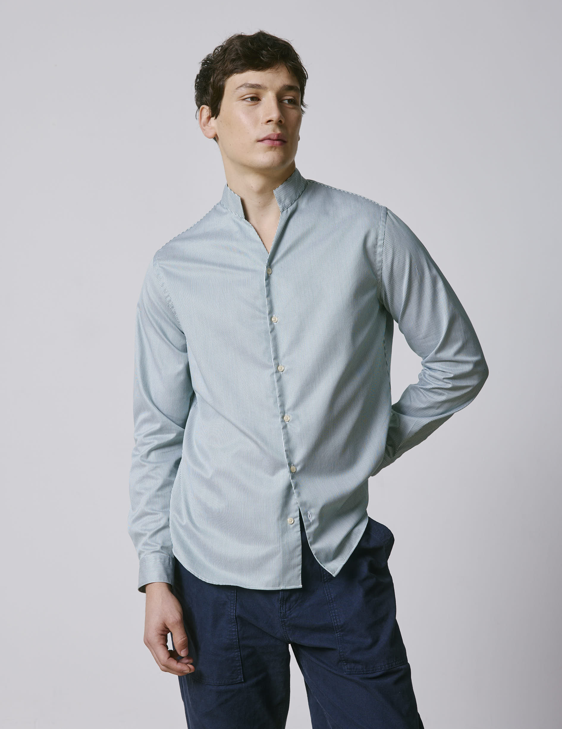 Carl green striped easy-iron shirt - Twill - Open straight Collar - Easy-iron