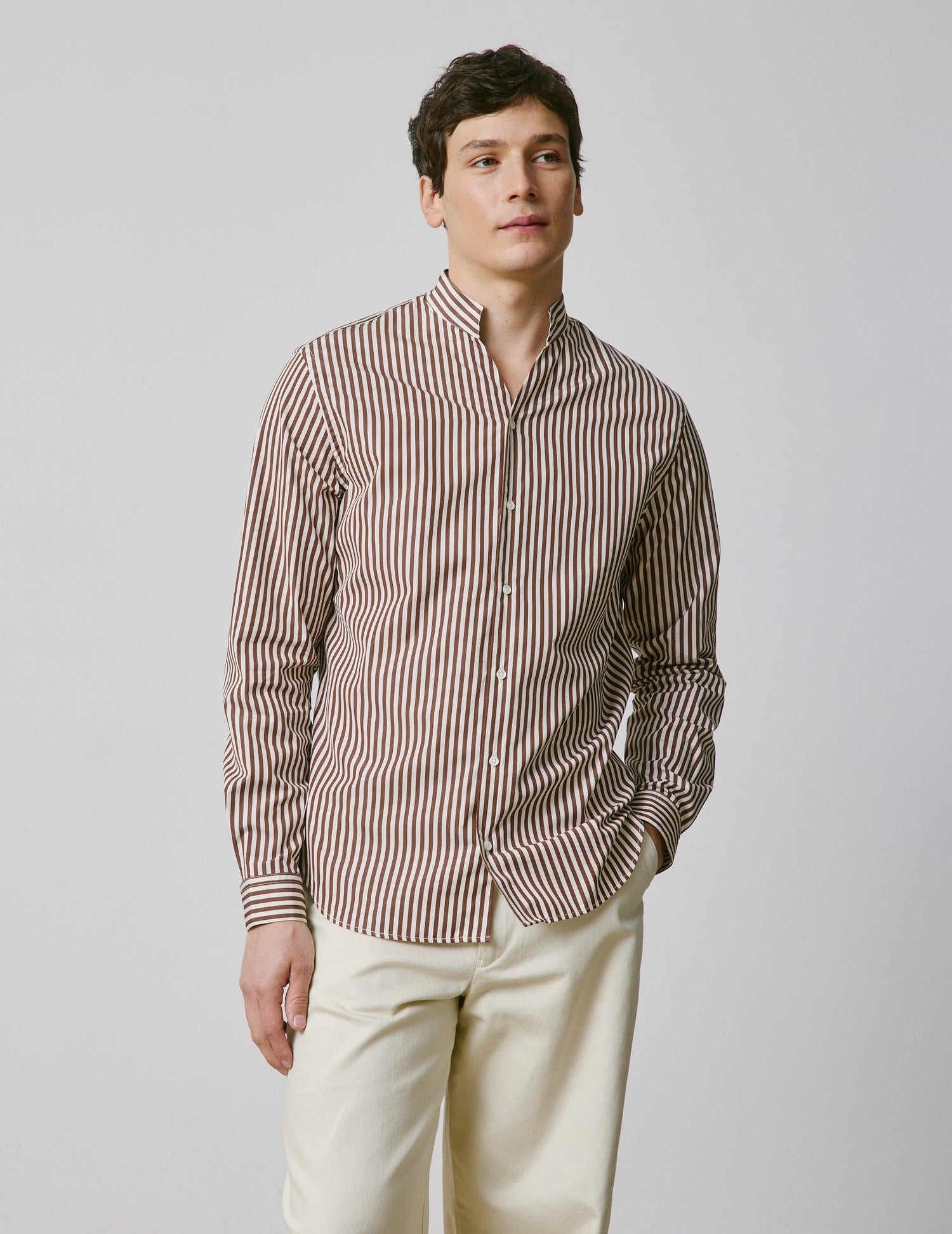 Striped brown Carl shirt  - Popeline - droit ouvert Collar