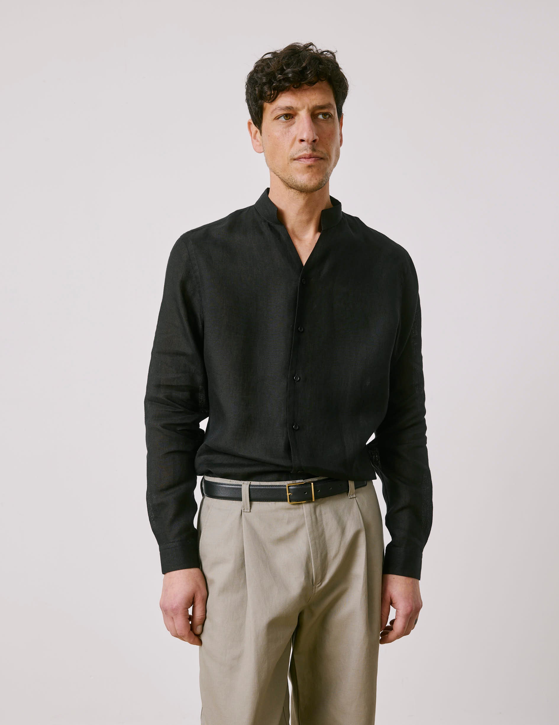 Carl black linen shirt - Linen - Open straight Collar
