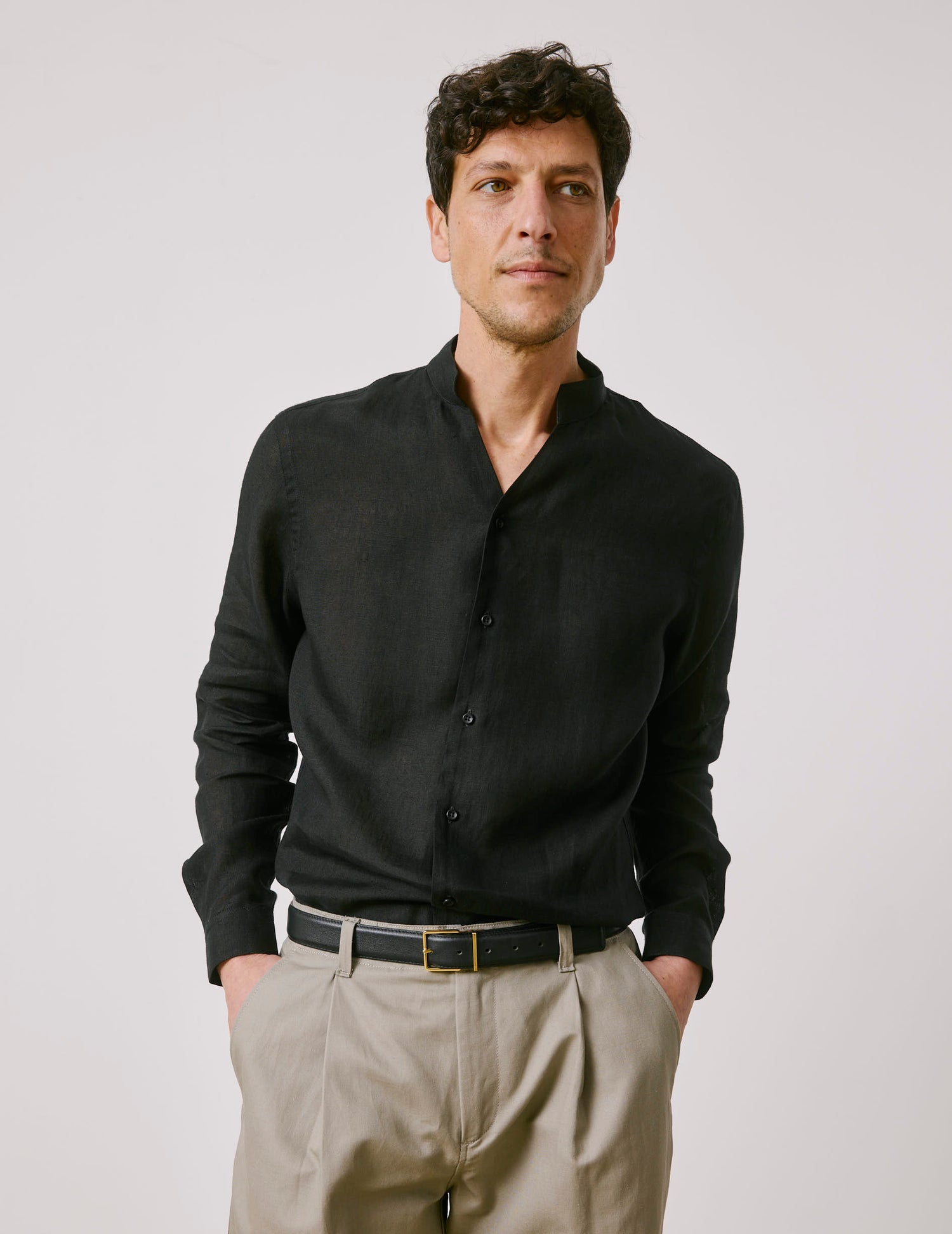 Carl black linen shirt - Linen - open straight Collar