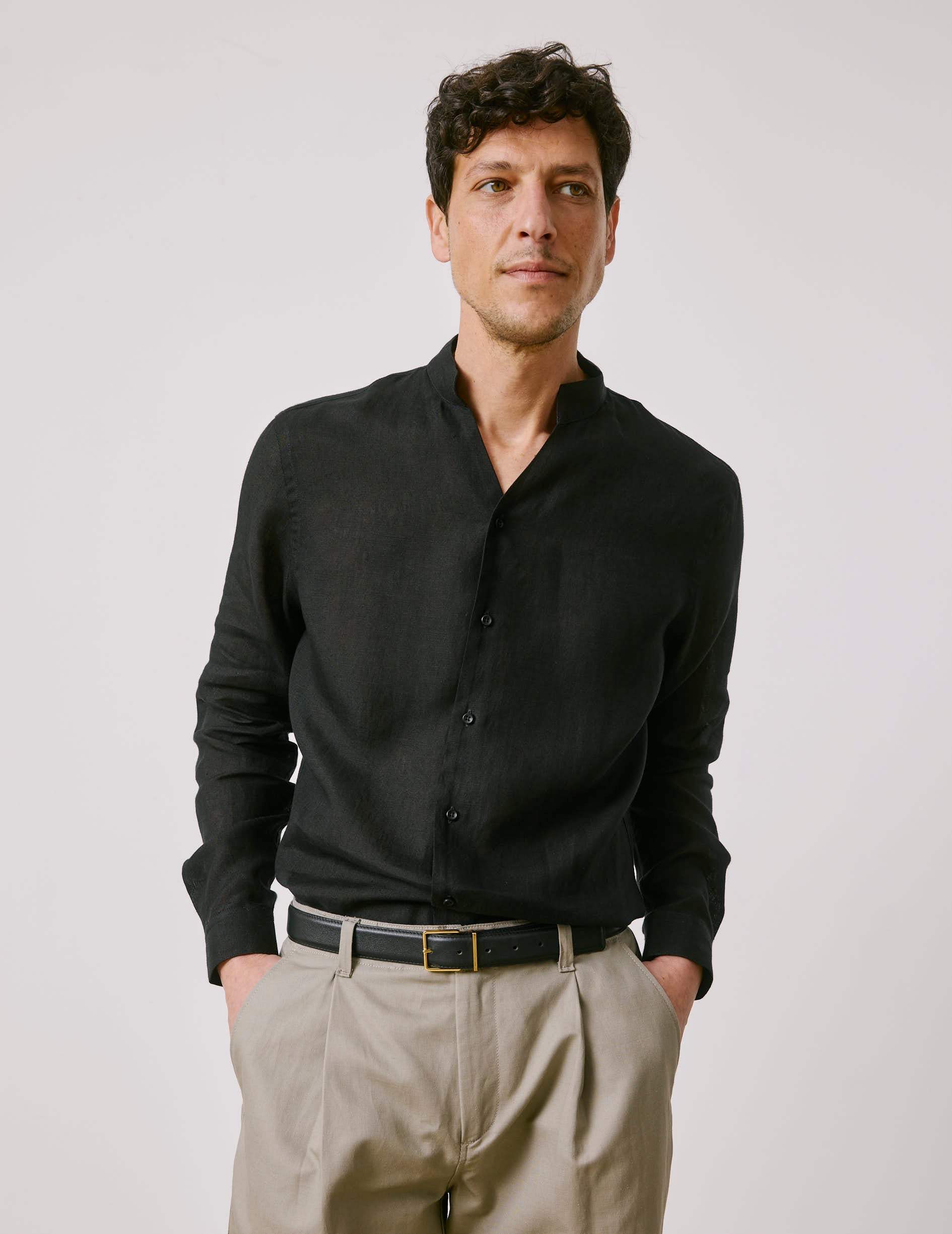 Carl black linen shirt - Linen - open straight Collar