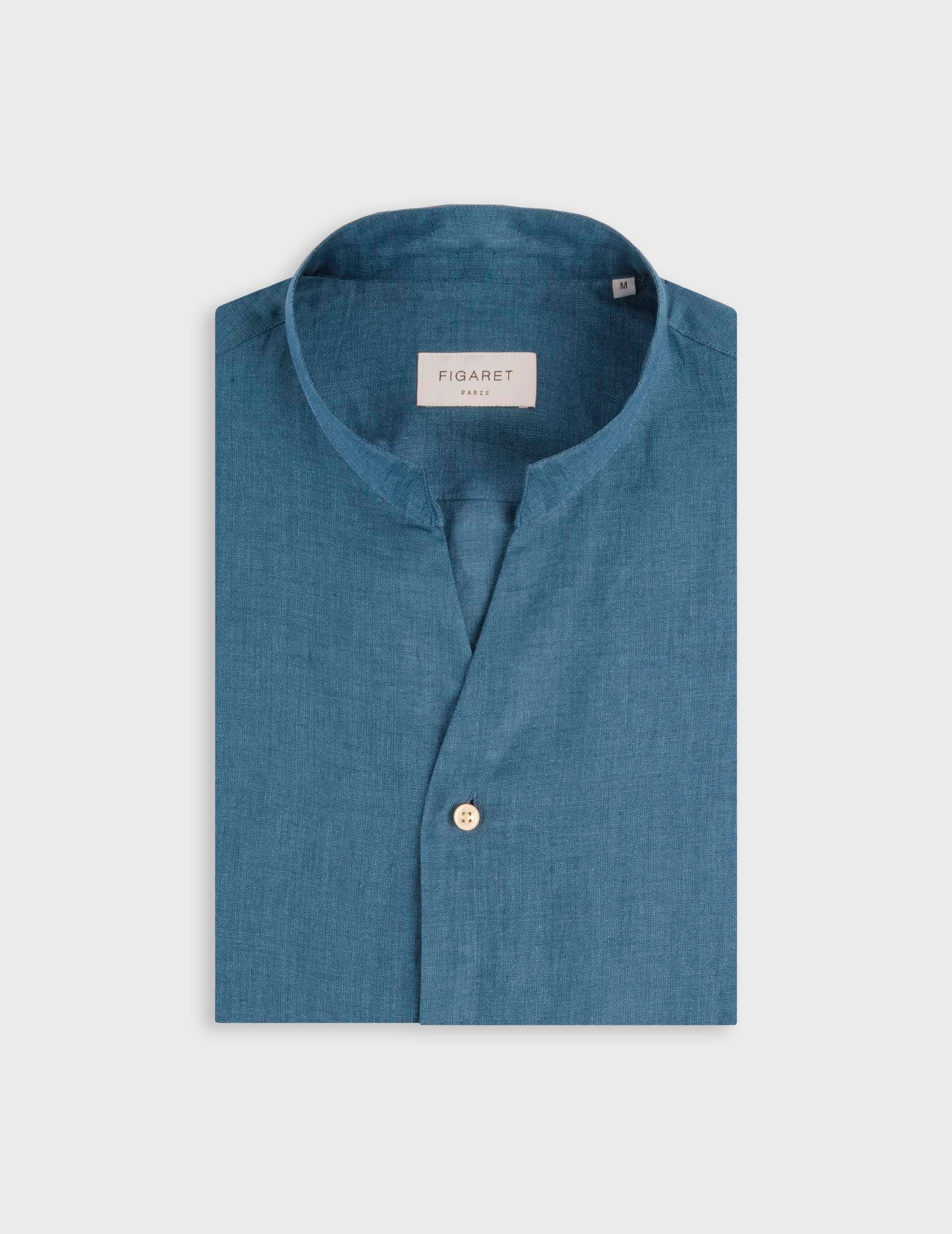 Blue linen Carl shirt - Linen - Open right of way Collar