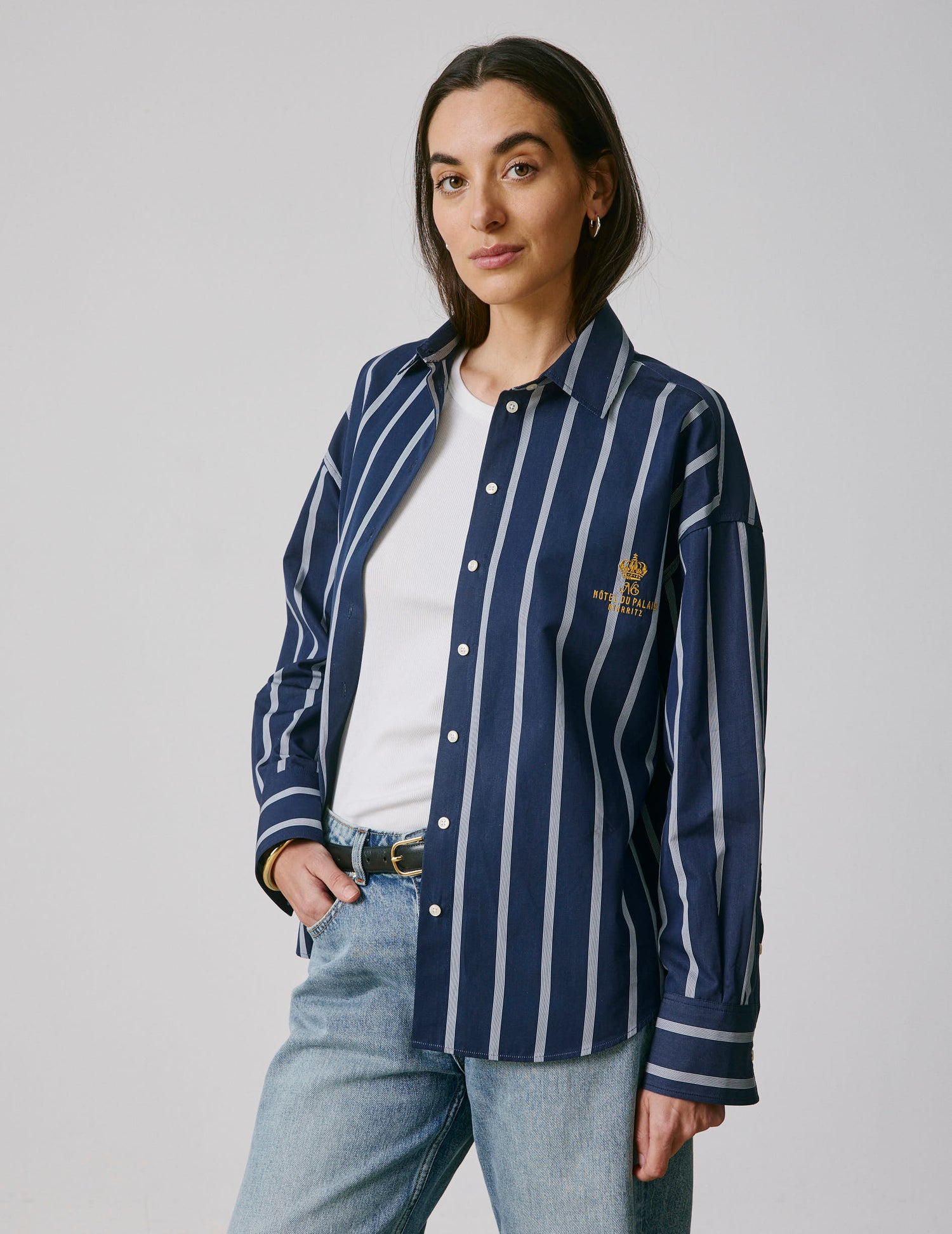 Eugénie oversized navy blue striped shirt - Poplin - Shirt Collar#2