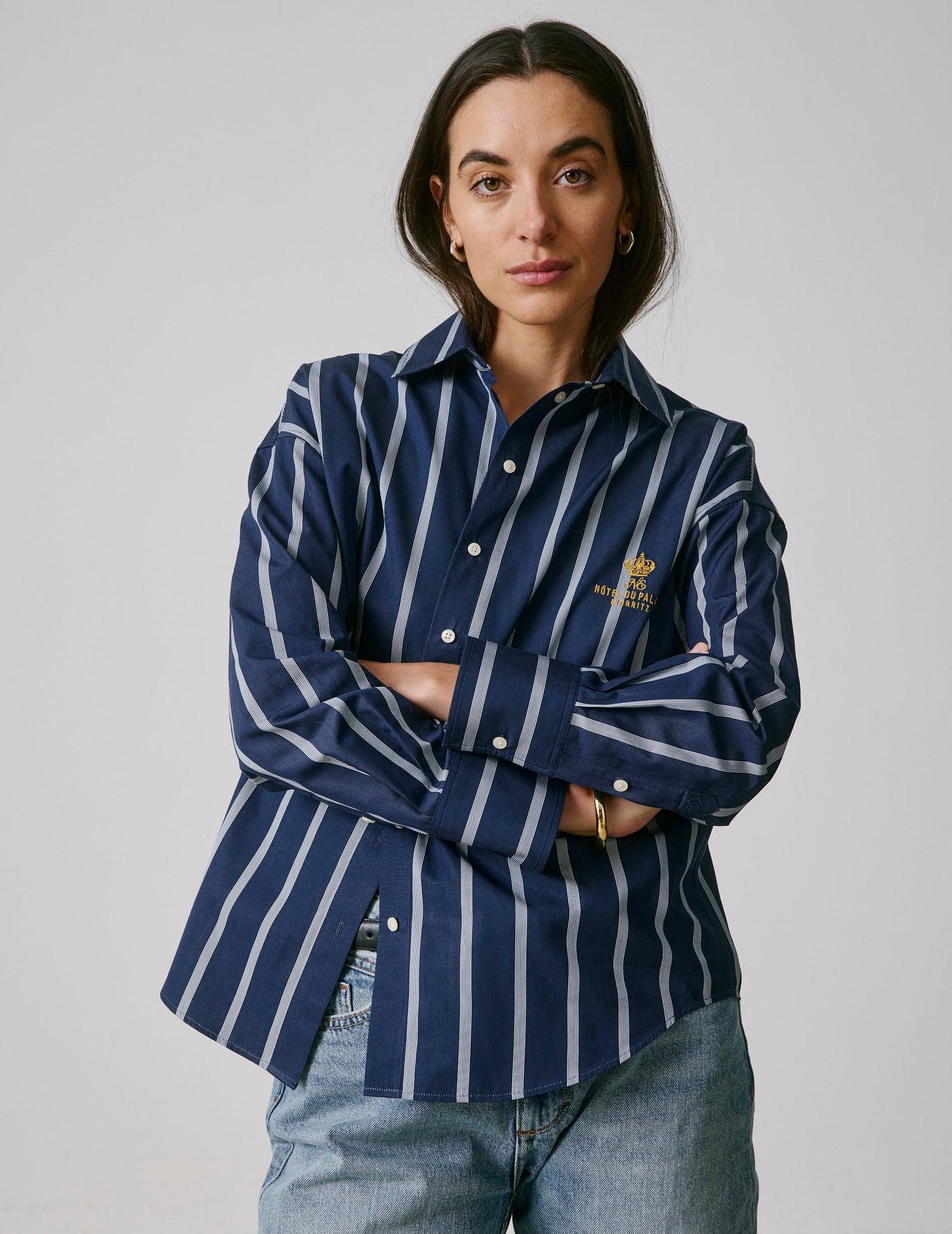 Eugénie oversized navy blue striped shirt - Poplin - Shirt Collar#4