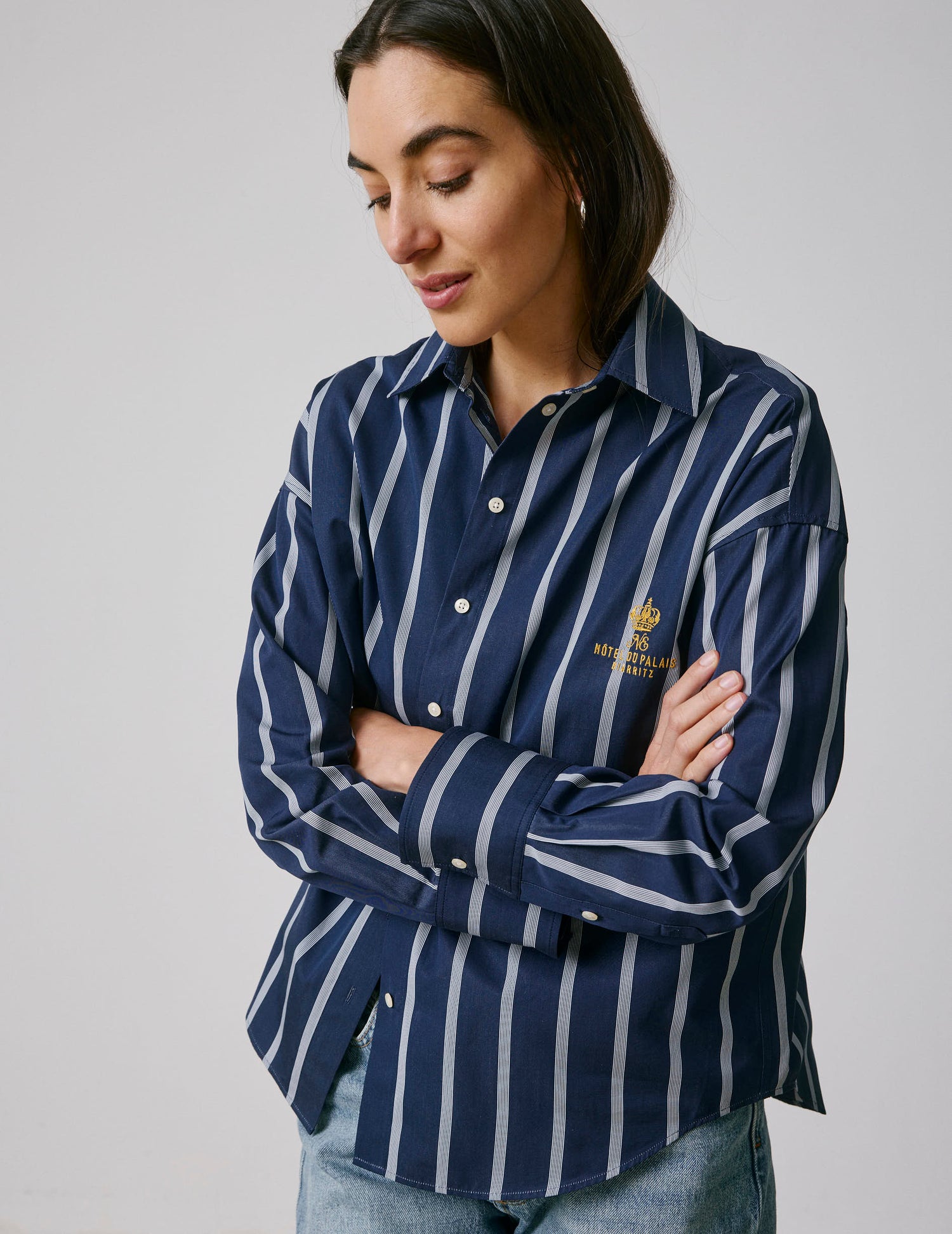 Eugénie oversized navy blue striped shirt - Poplin - Shirt Collar#5