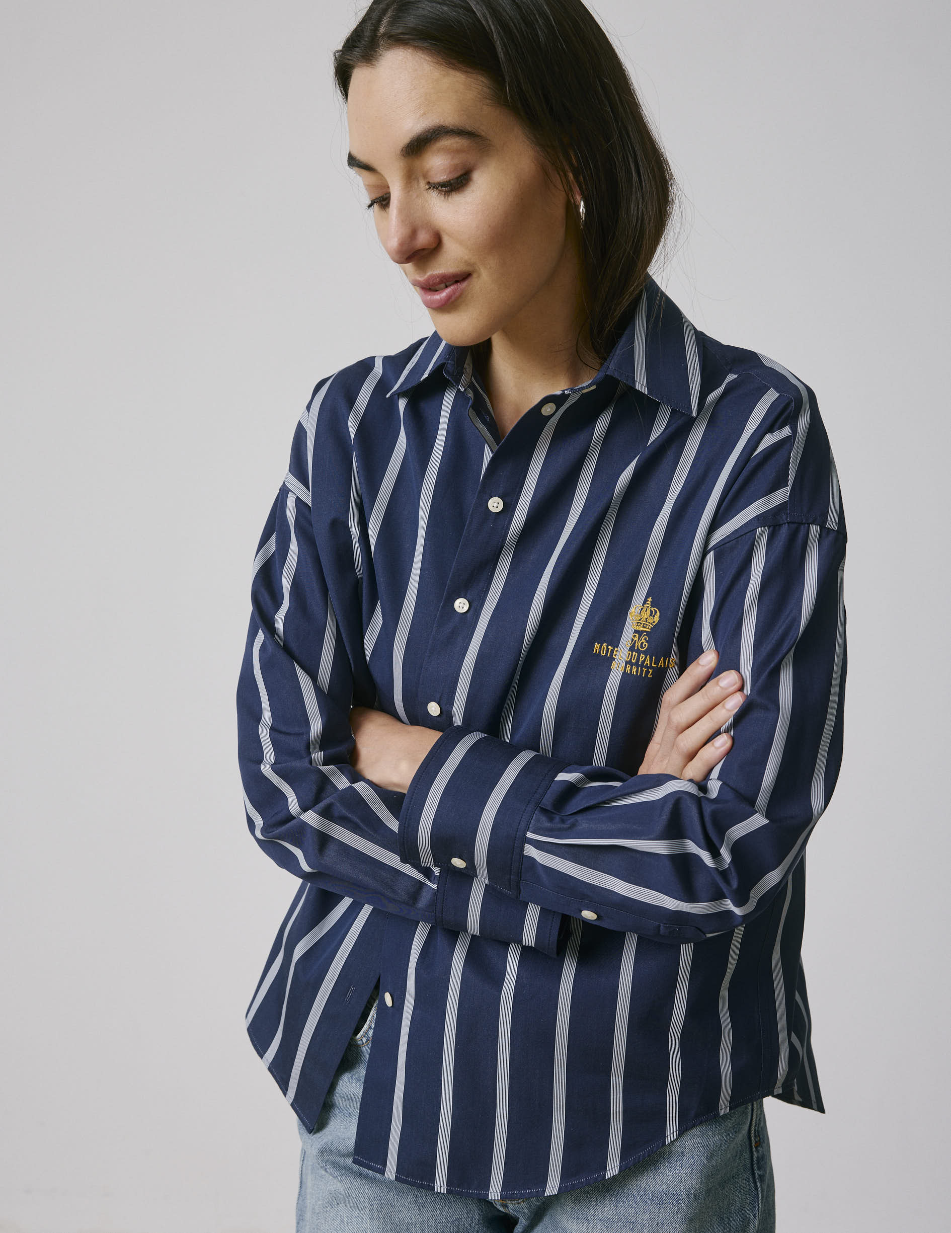 Eugénie oversized navy blue striped shirt - Poplin - Shirt Collar