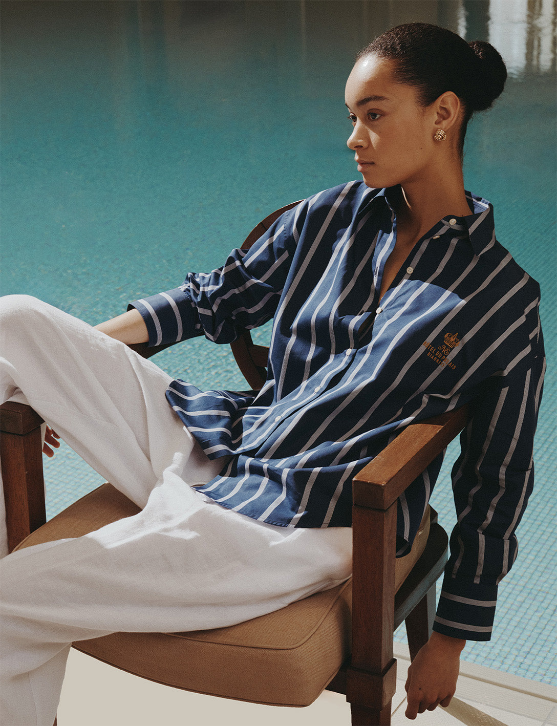 Eugénie oversized navy blue striped shirt - Poplin - Shirt Collar