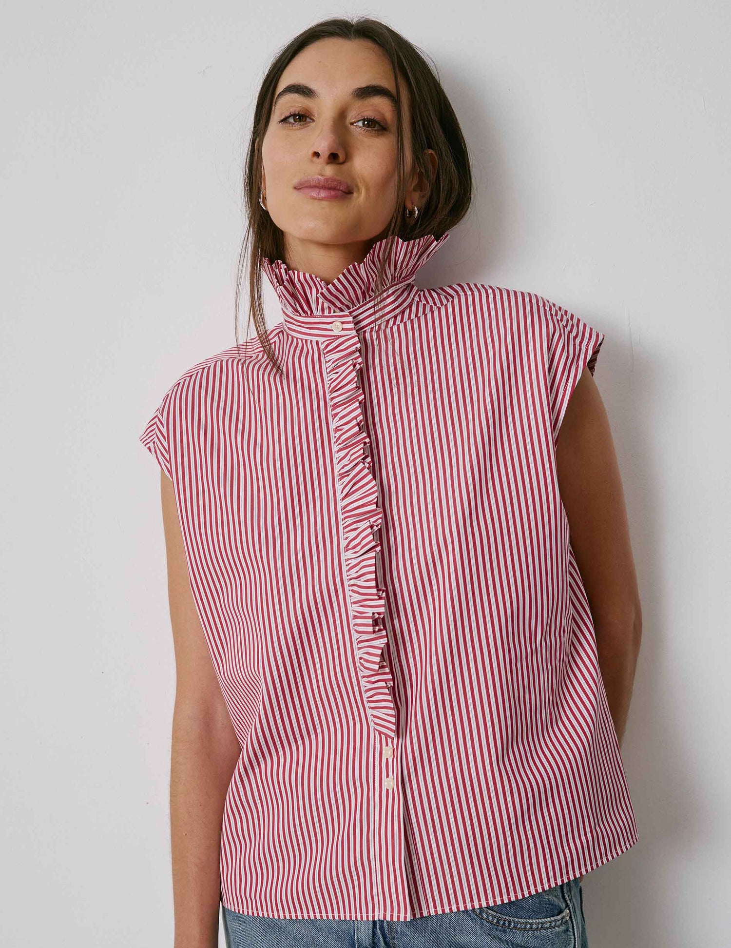 Striped red Gretie shirt - Poplin - Victorian Collar