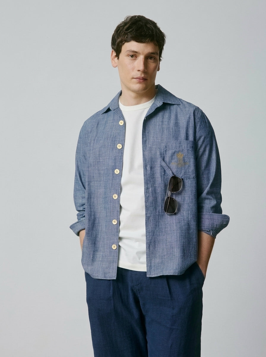 Guéthary Blue unisex shirt - Chambray - Shirt without collar stand Collar