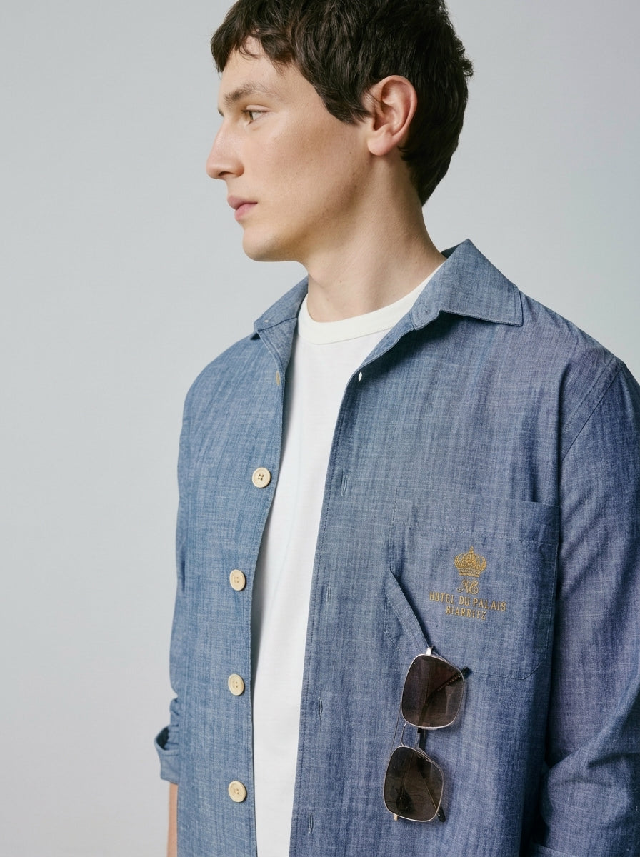 Guéthary Blue unisex shirt - Chambray - Shirt without collar stand Collar