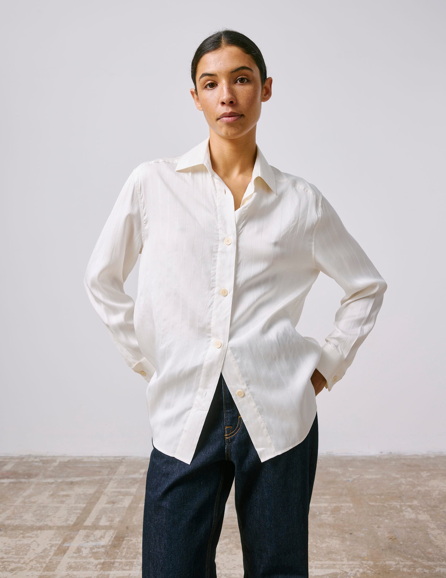 Striped ecru silk Hannah shirt  - Silk - Shirt Collar - French Cuffs