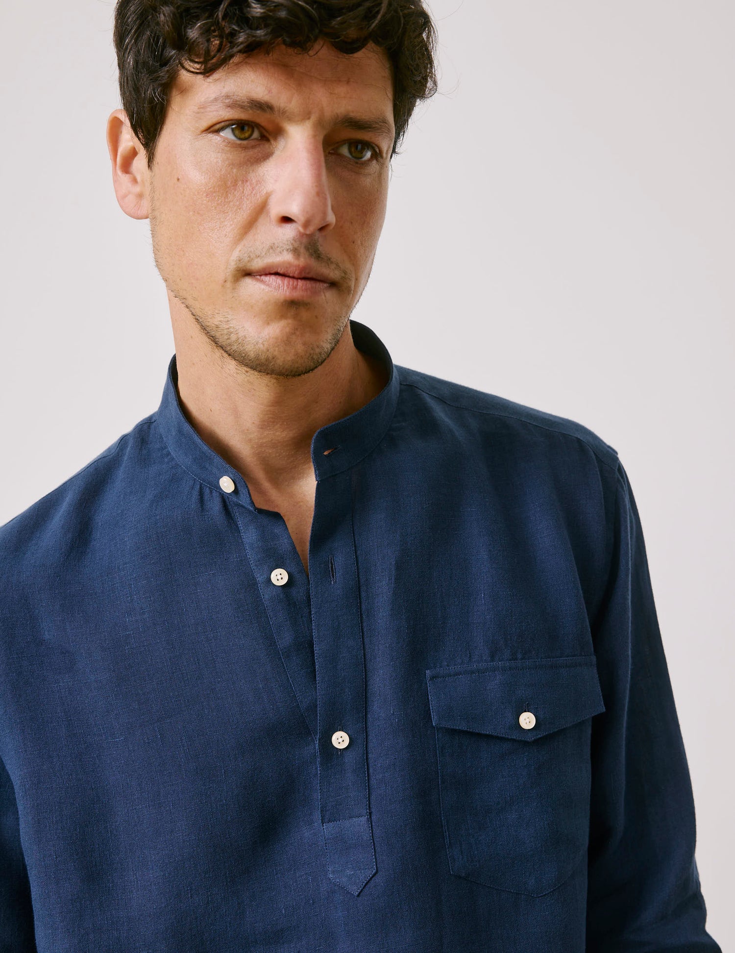 Hilario navy linen popover shirt - Lin - Officier Collar#5