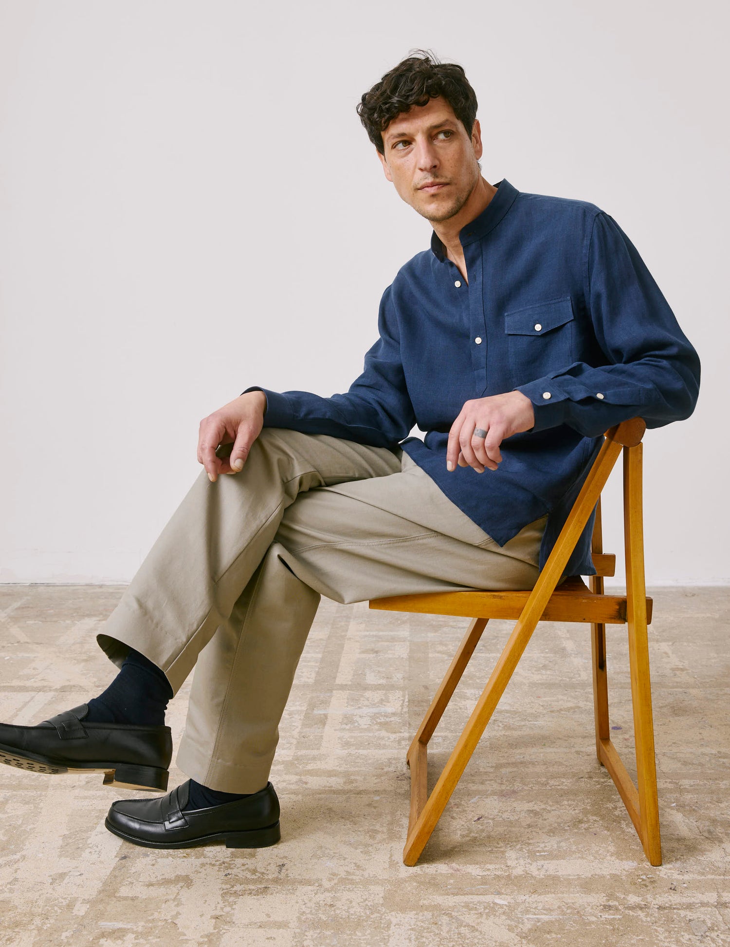 Hilario navy linen popover shirt - Lin - Officier Collar