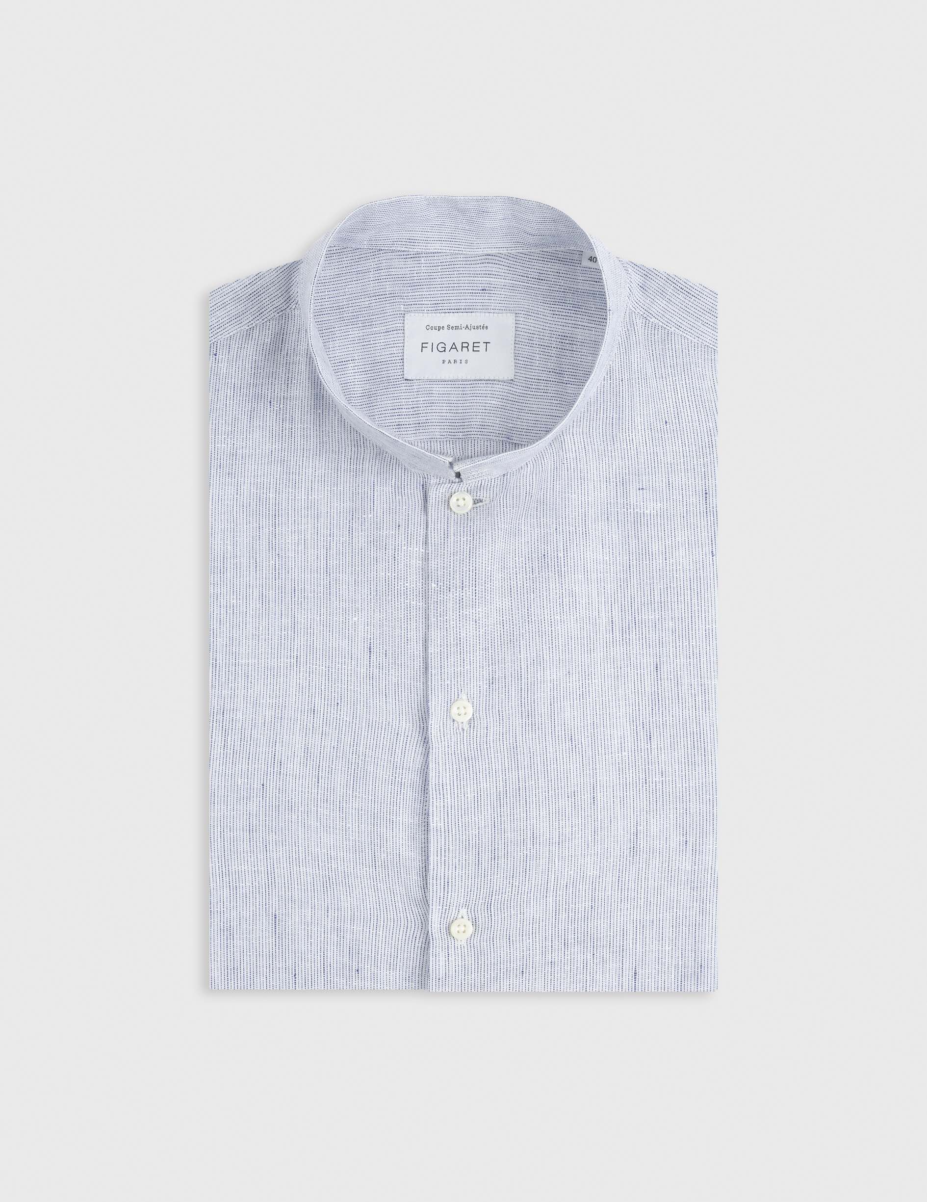Striped navy linen semi-fitted shirt - Linen - Reverse Collar