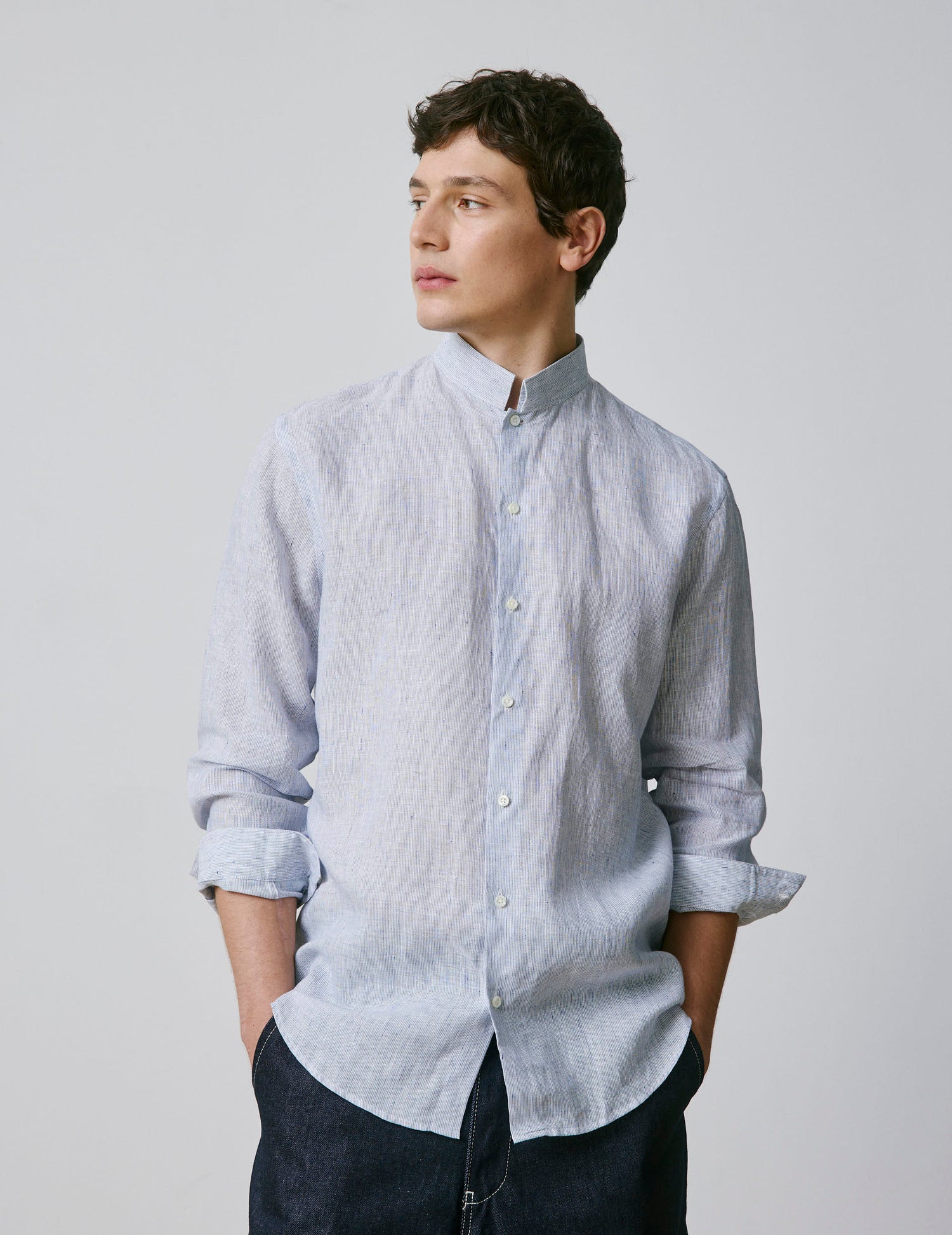 reverse collar dress shirt Striped navy linen semi-fitted shirt